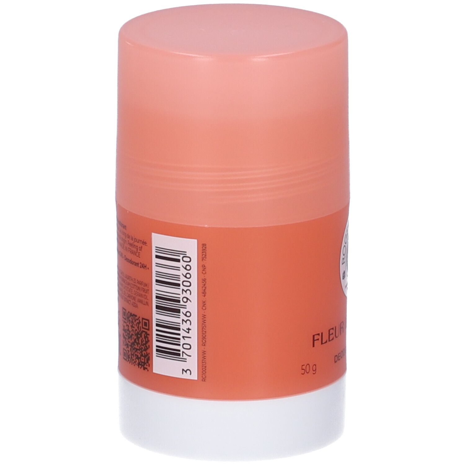 Retro dello stick deodorante con codice a barre e testo. Corpo arancione, cappuccio rosa e base bianca. Codice QR visibile.