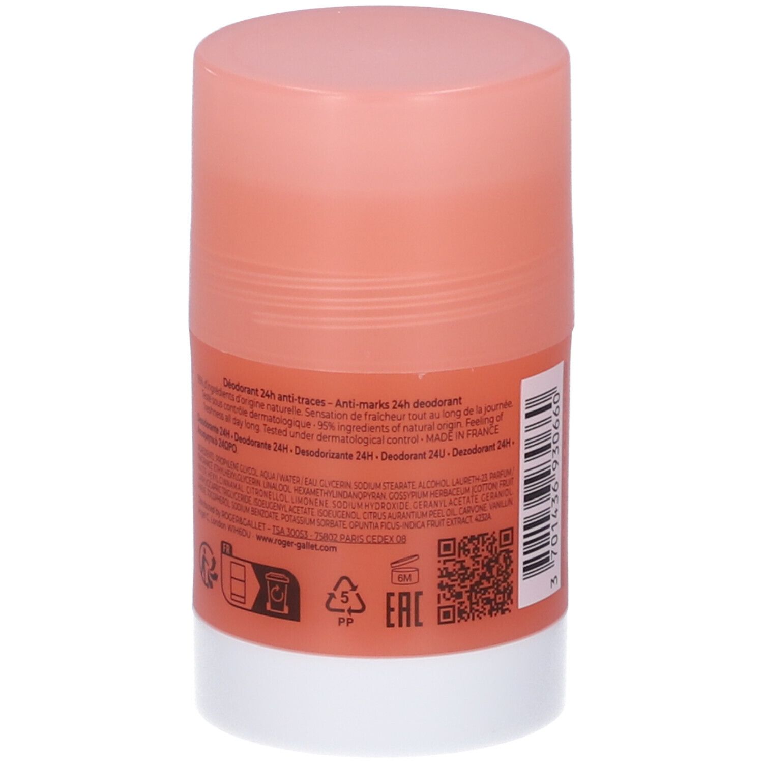 Retro dello stick deodorante con testo e simboli. Corpo arancione, cappuccio rosa e base bianca. Testo multilingue.