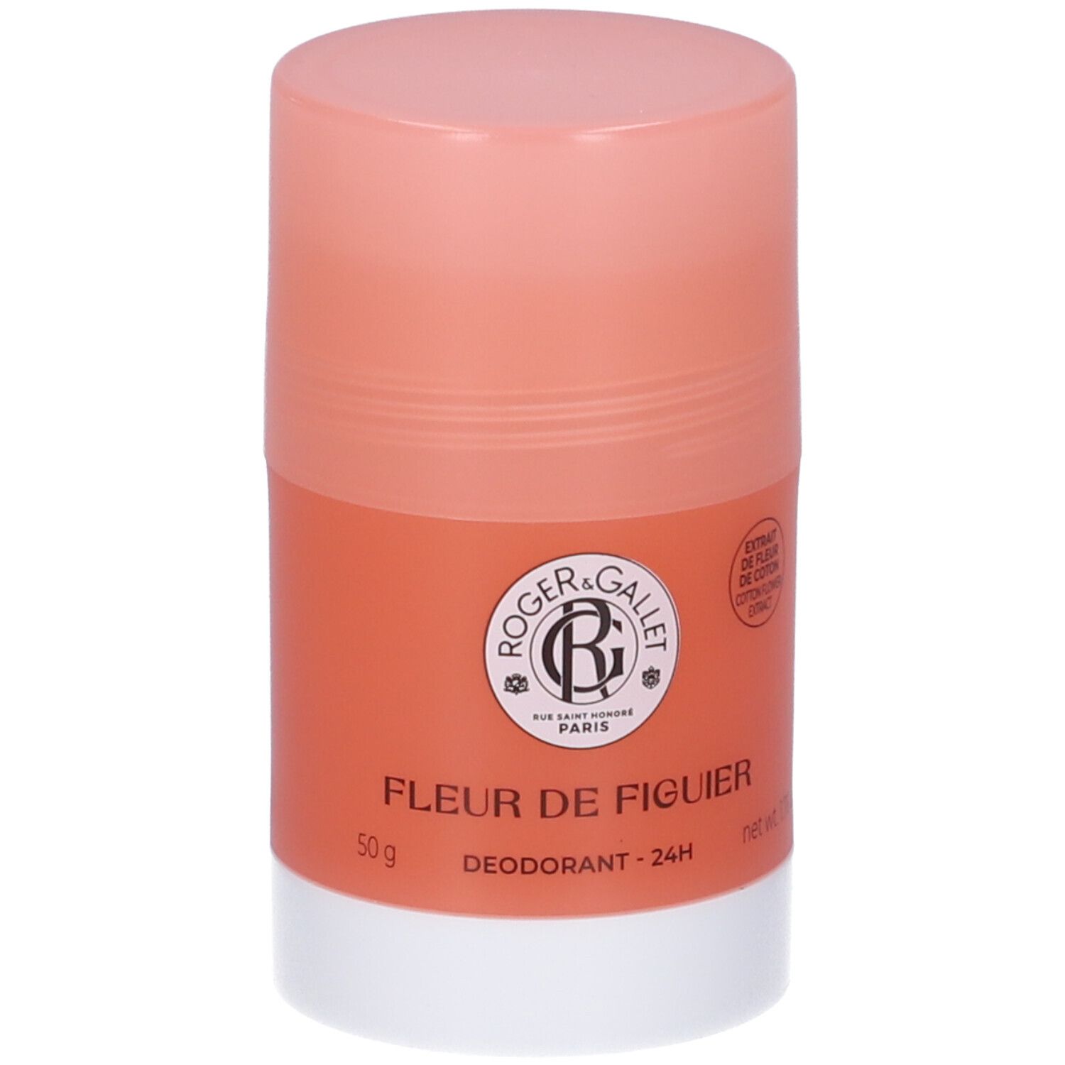 Stick deodorante rosa e arancione. Scritta: Fleur de Figuier, Deodorant - 24H. Logo e marchio visibili.
