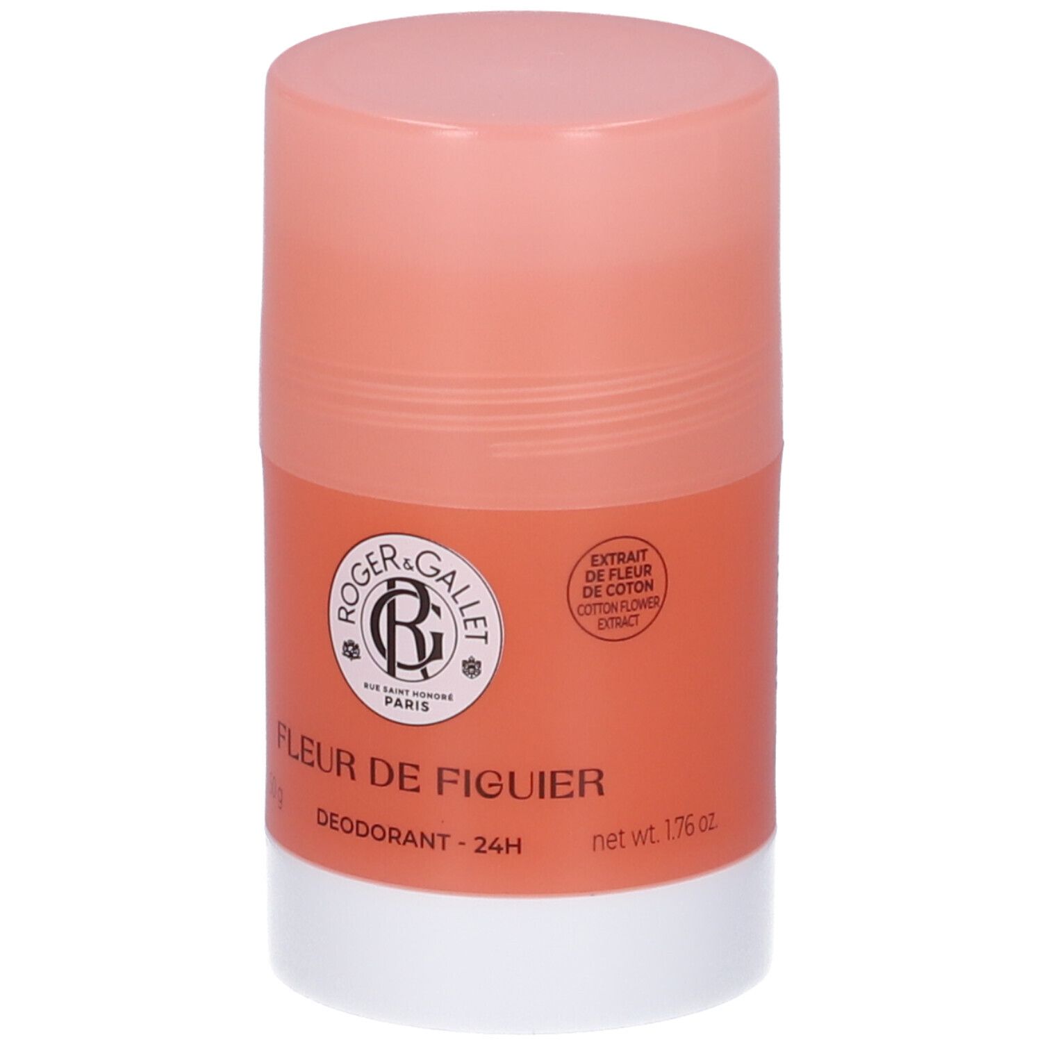 Stick deodorante rosa e arancione. Scritta: Fleur de Figuier, Deodorant - 24H. Logo e marchio visibili.
