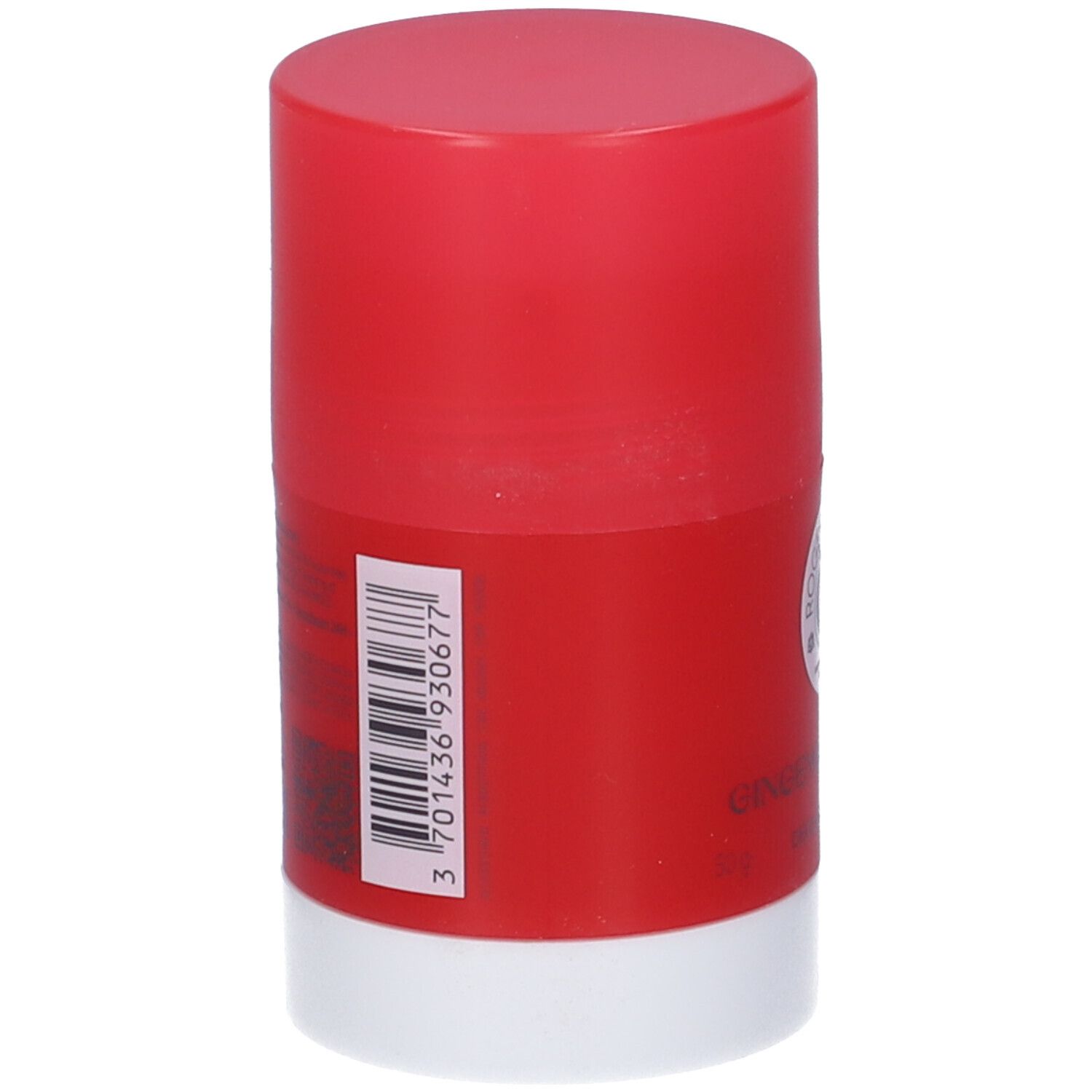 Stick deodorante rosso e bianco. Codice a barre sul lato. Marchio Roger & Gallet.