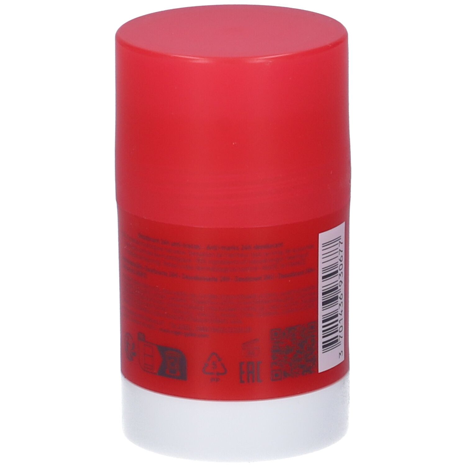 Stick deodorante rosso e bianco. Testo e simboli sul lato. Marchio Roger & Gallet.