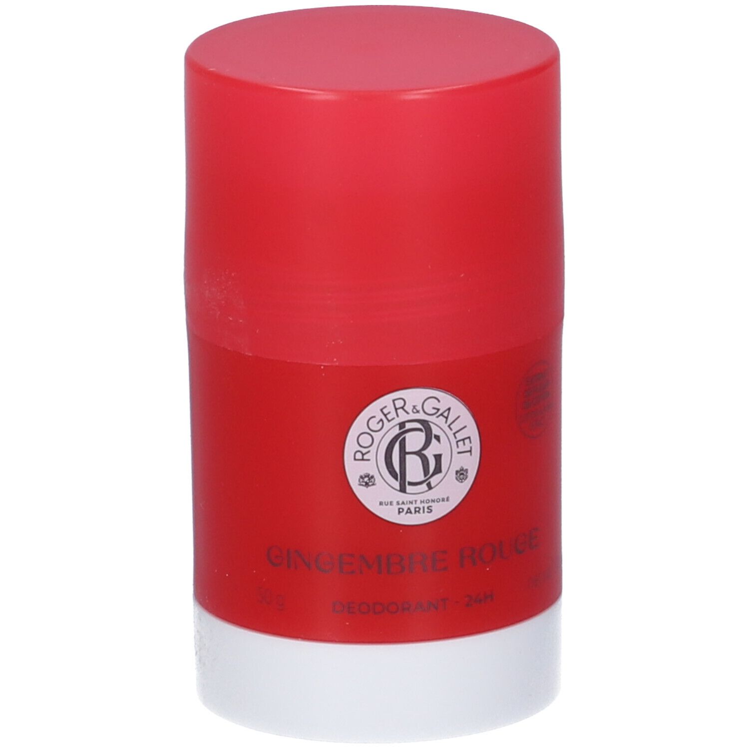 Stick deodorante rosso e bianco. Logo e scritta GINGEMBRE ROUGE. Marchio Roger & Gallet.