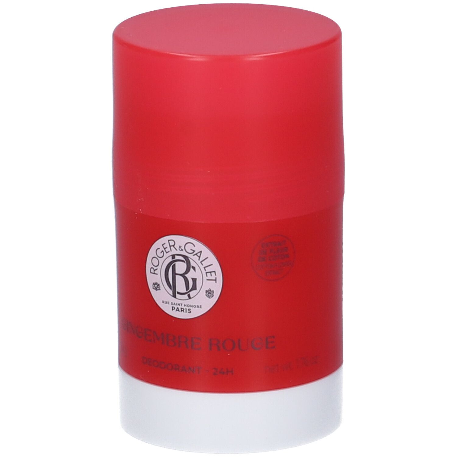 Stick deodorante rosso e bianco. Logo e scritta GINGEMBRE ROUGE. Marchio Roger & Gallet.