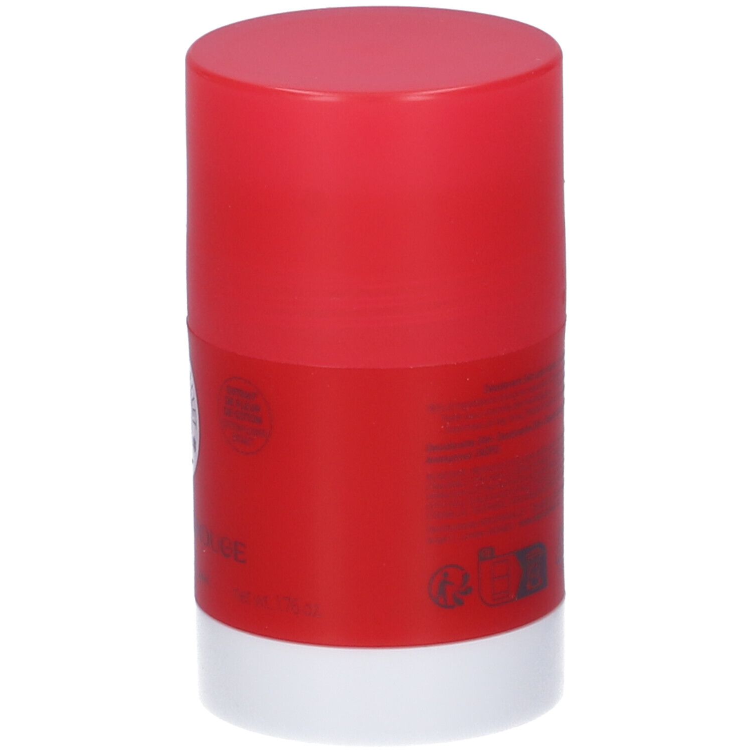 Stick deodorante rosso e bianco. Testo e simboli sul lato. Marchio Roger & Gallet.