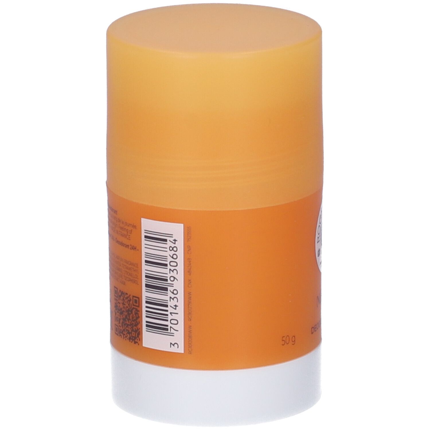 Retro dello stick deodorante arancione e bianco. Codice a barre e testo visibili.