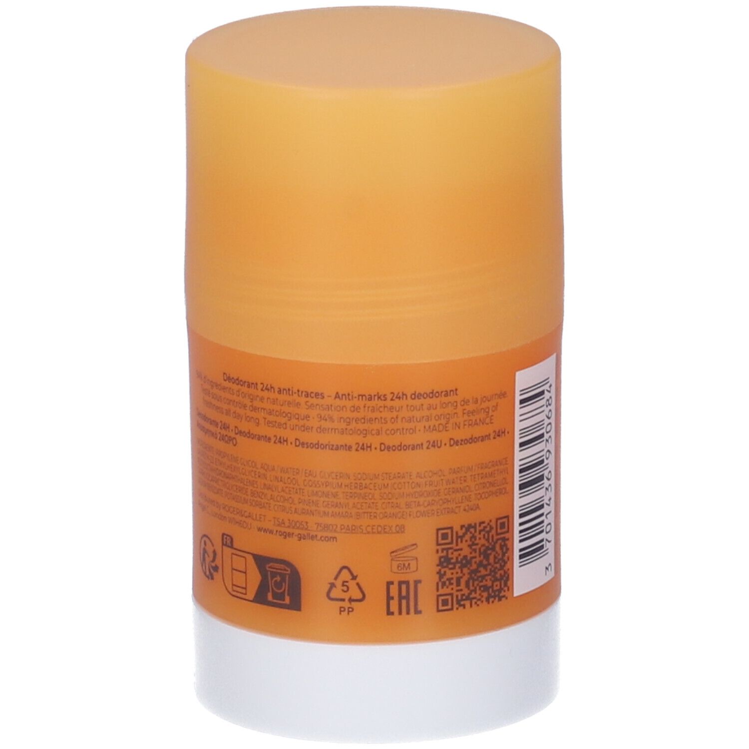 Retro dello stick deodorante con testo e codice QR. Arancione e bianco.