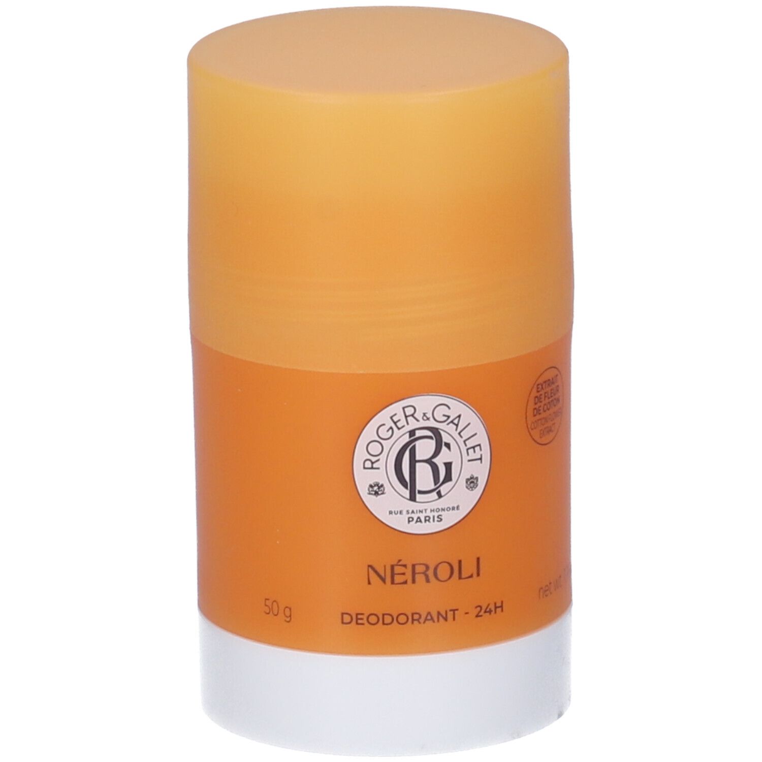 Deodorante stick arancione e bianco. Logo e scritta 'NÉROLI' visibili. Contenuto 50g.