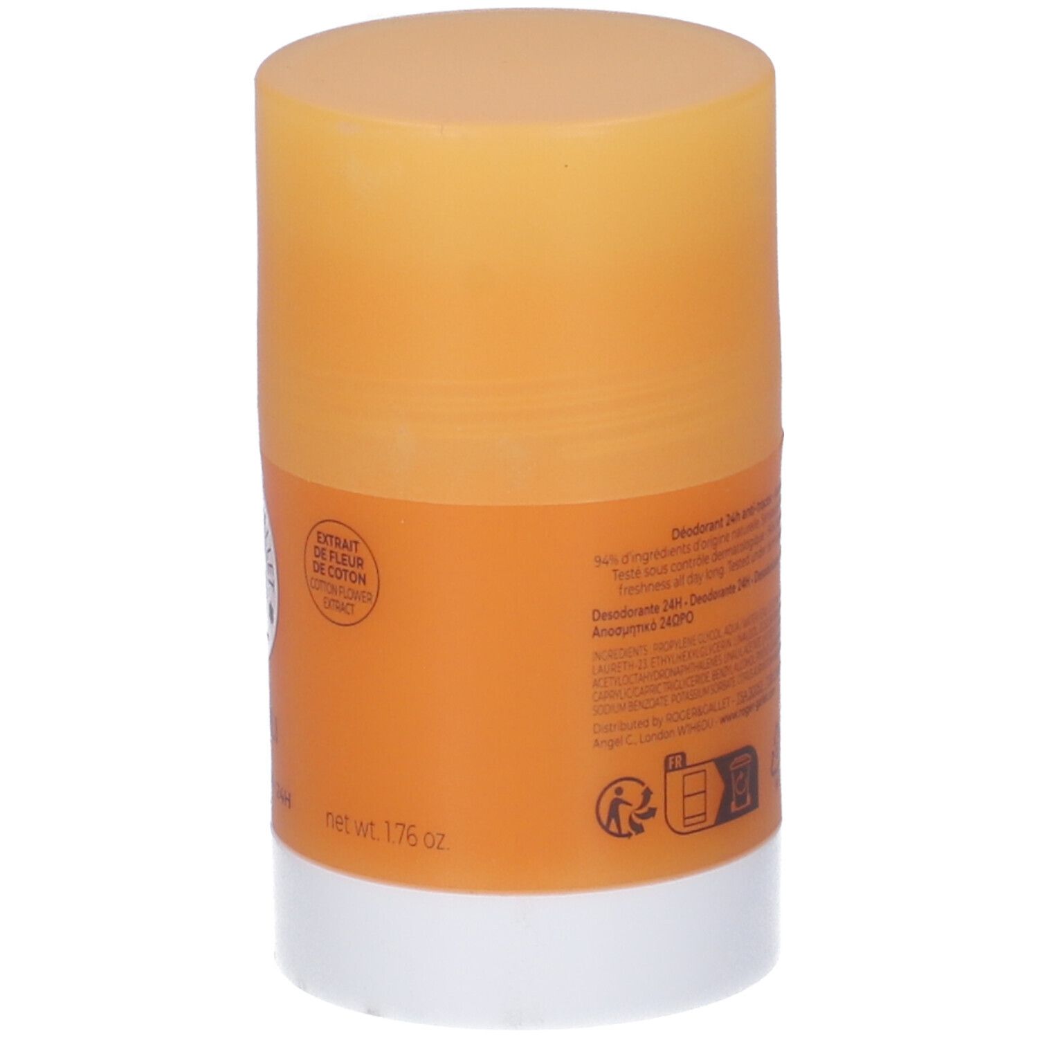 Retro dello stick deodorante con testo. Arancione e bianco. Contenuto 1.76 oz.
