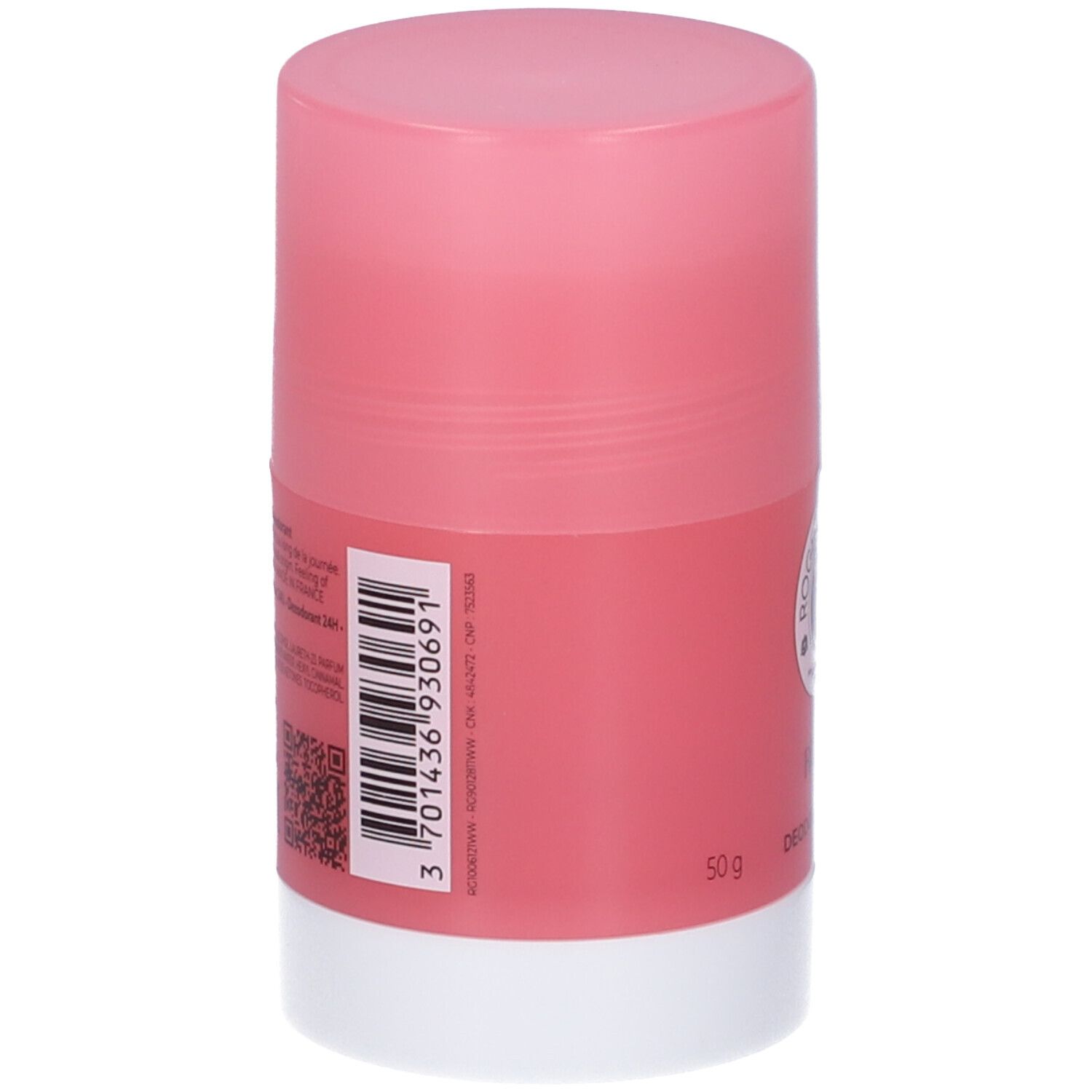 Retro dello stick deodorante rosa. Codice a barre e codice QR. 50g.