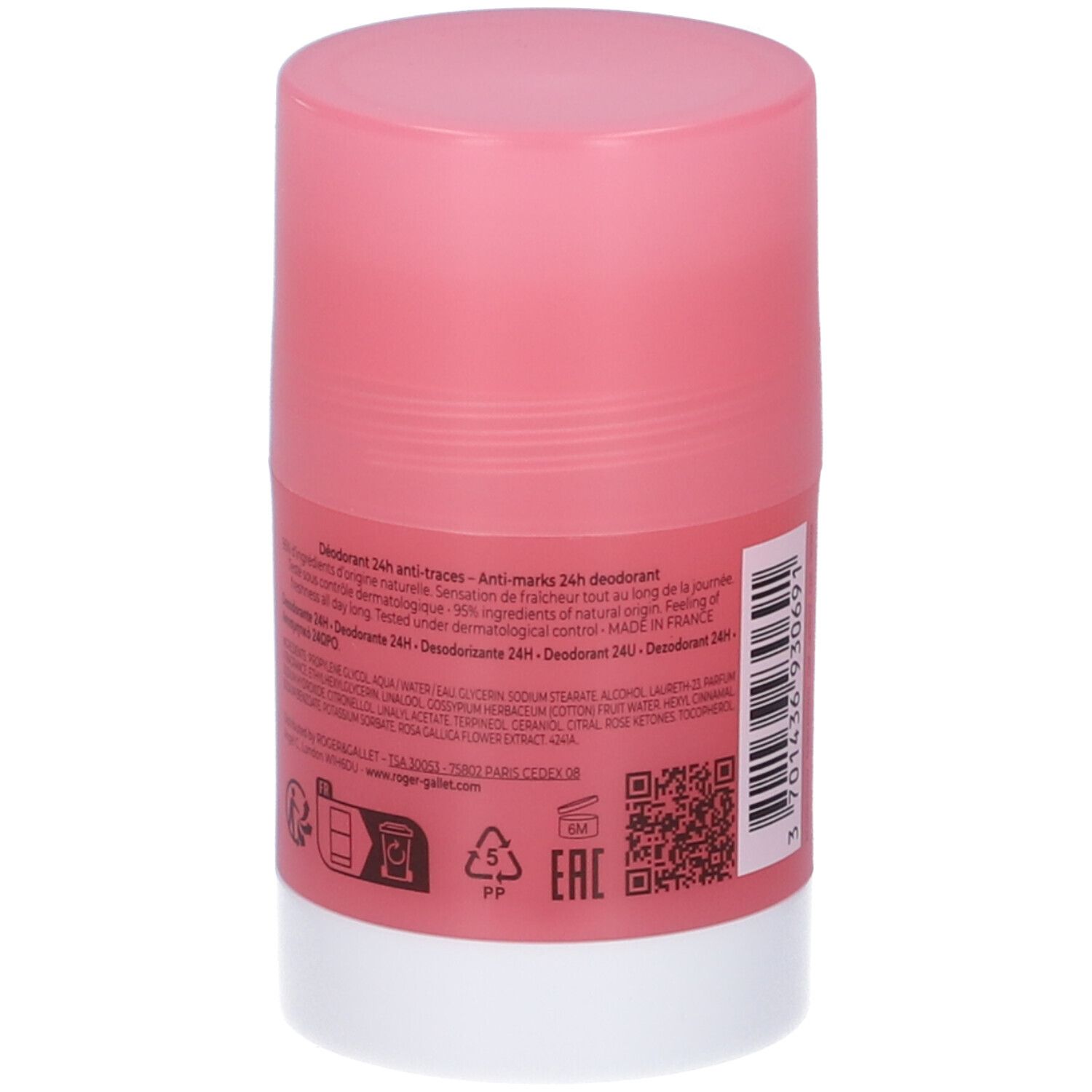 Retro dello stick deodorante rosa. Testo, codice QR e simboli.