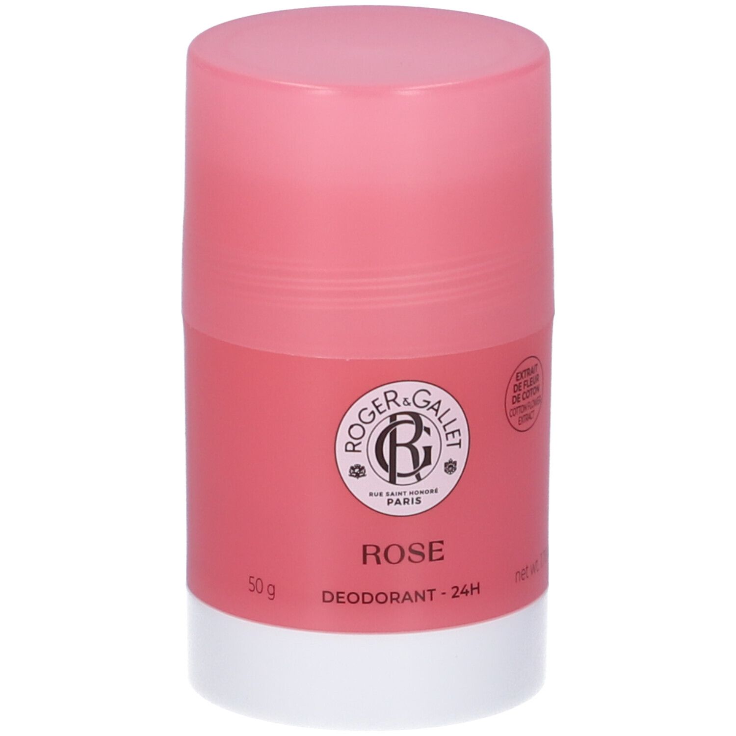 Stick deodorante rosa e bianco. Logo e scritta ROSE, DEODORANT - 24H. 50g.