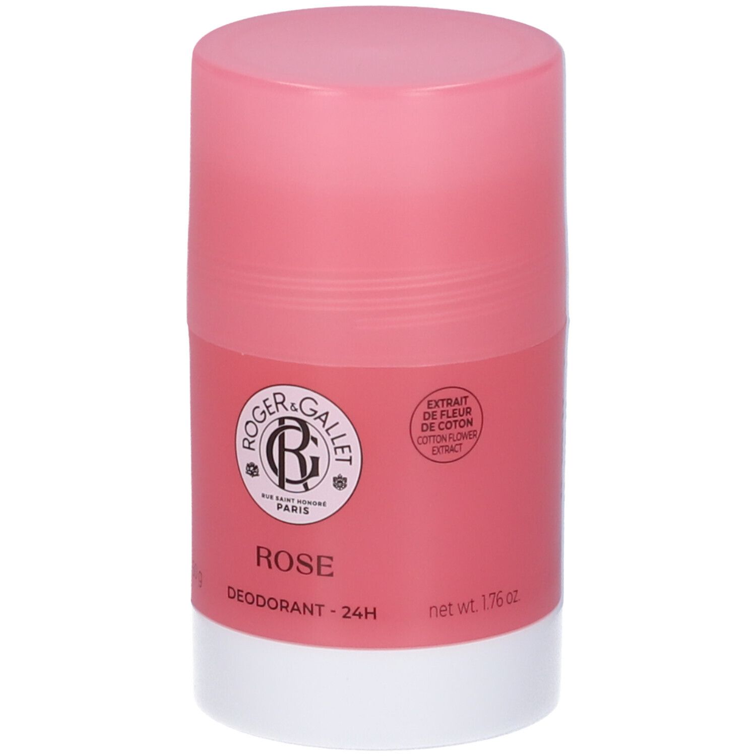 Stick deodorante rosa e bianco. Logo e scritta ROSE, DEODORANT - 24H. 50g.