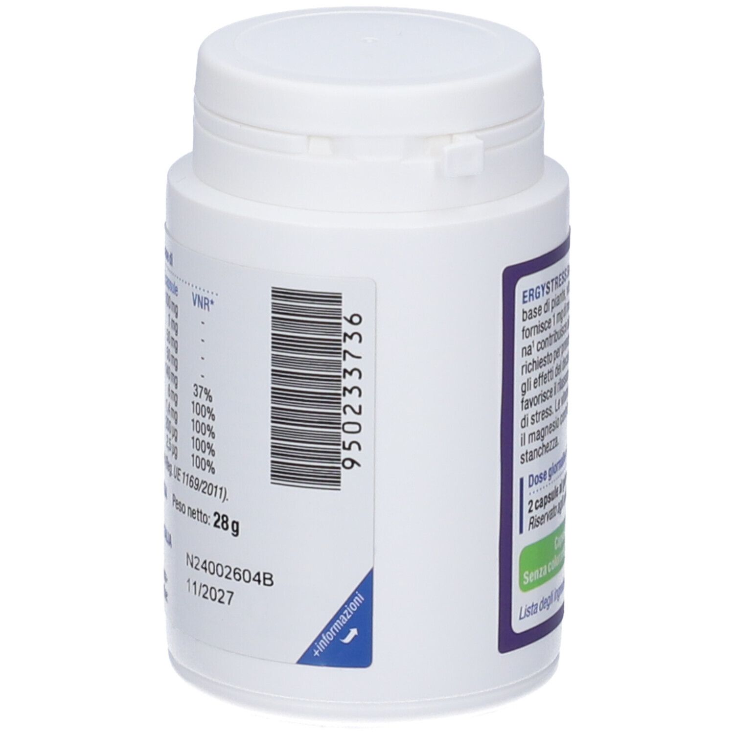 Retro del flacone bianco ERGYSTRESS SONNO. Informazioni stampate, tra cui un codice a barre e il peso di 28 g.