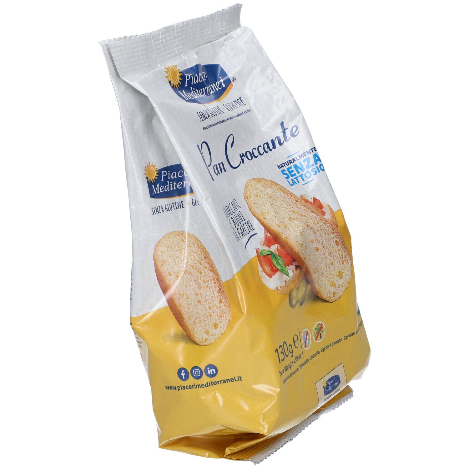 Confezione di Pan Croccante in diagonale. Sacchetto bianco e giallo con immagine del prodotto e testo.