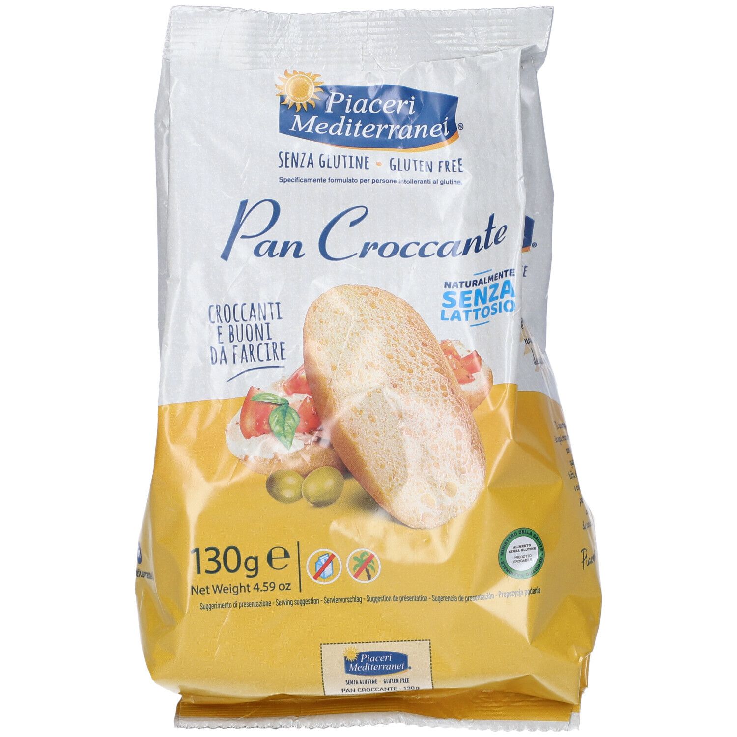 Confezione di Pan Croccante. Sacchetto bianco e giallo con immagine del prodotto e testo. Senza glutine e senza lattosio.