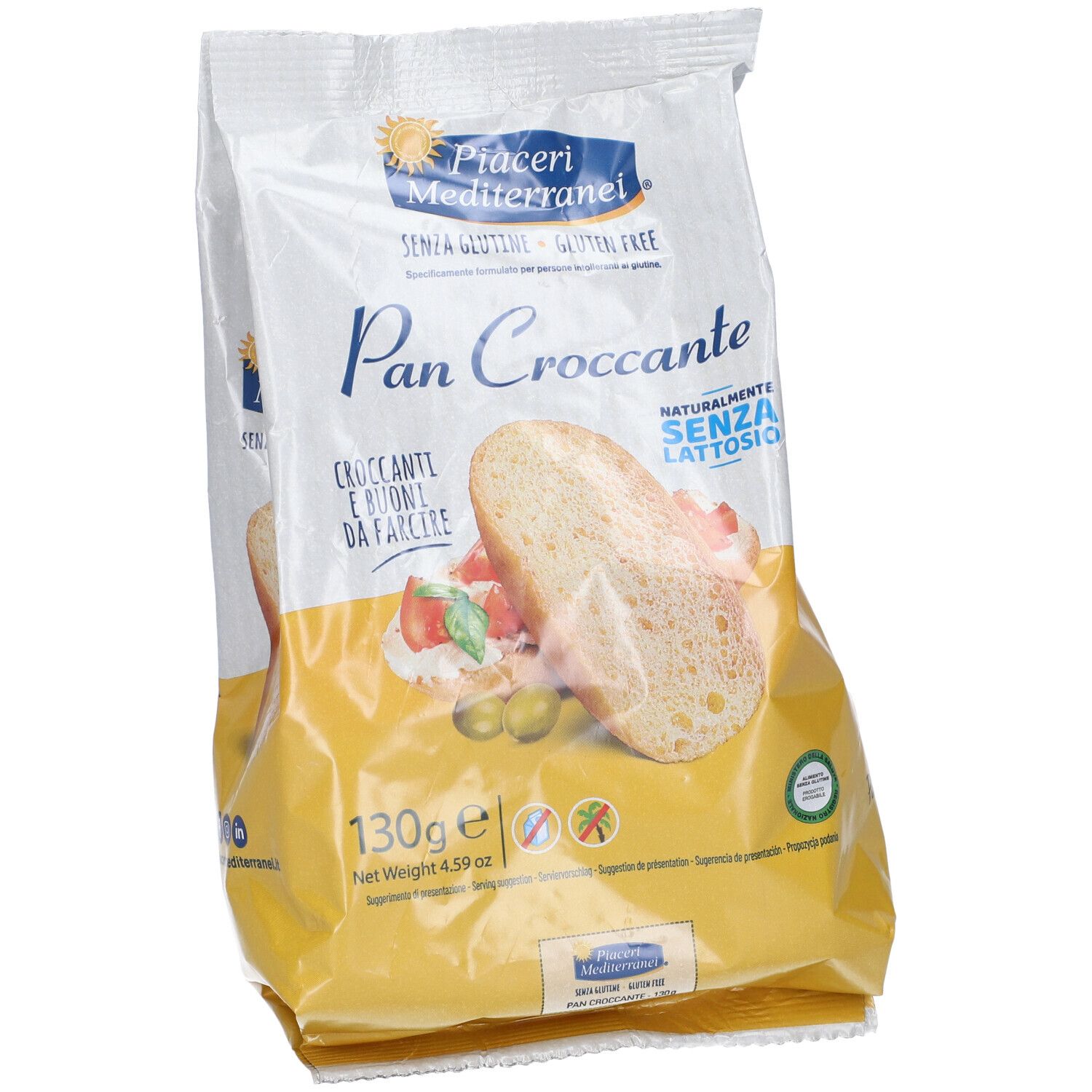 Confezione di Pan Croccante in diagonale. Sacchetto bianco e giallo con immagine del prodotto e testo.