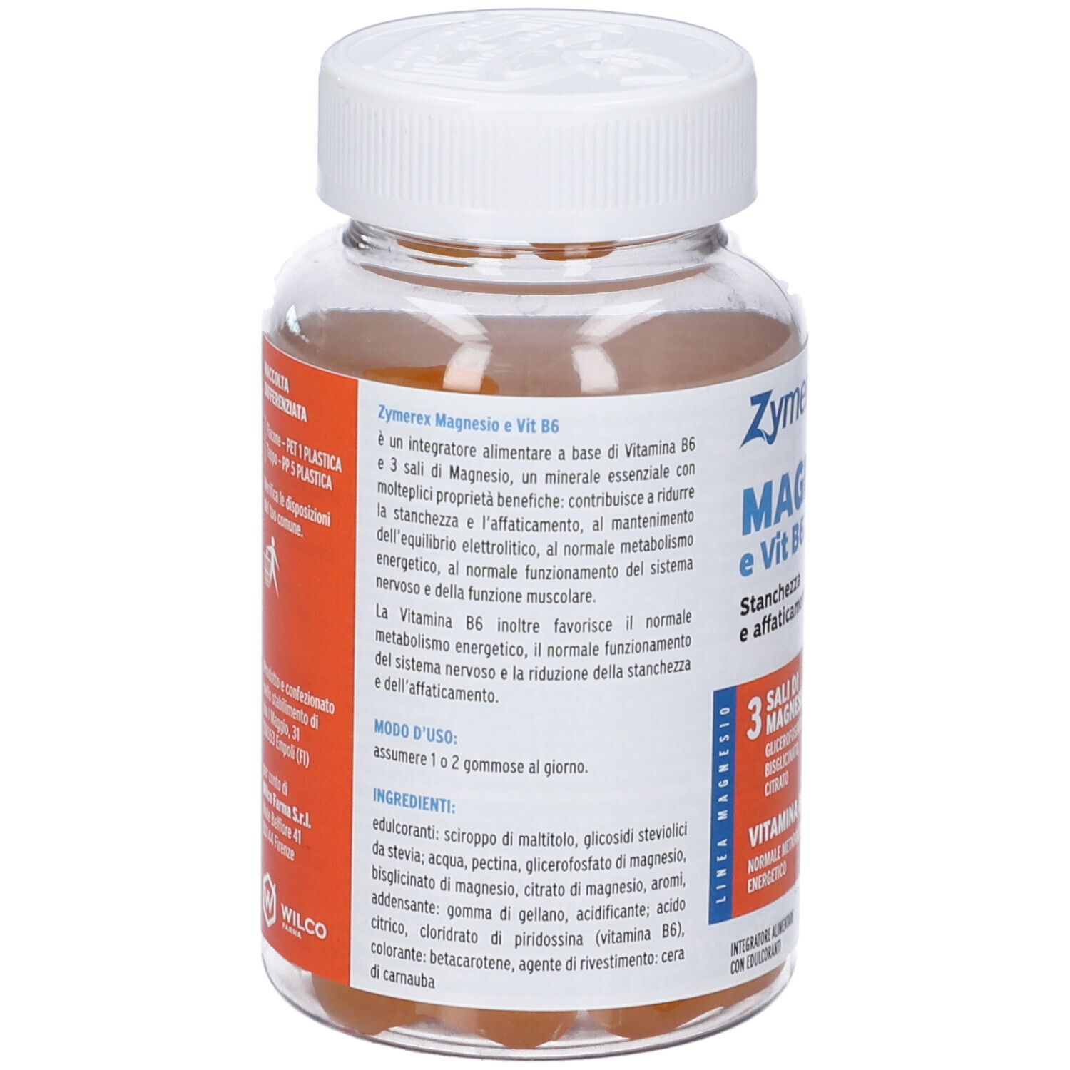 Retro del flacone Zymerex Magnesio e Vit B6. Informazioni testuali, ingredienti, istruzioni per l'uso e indirizzo del produttore.