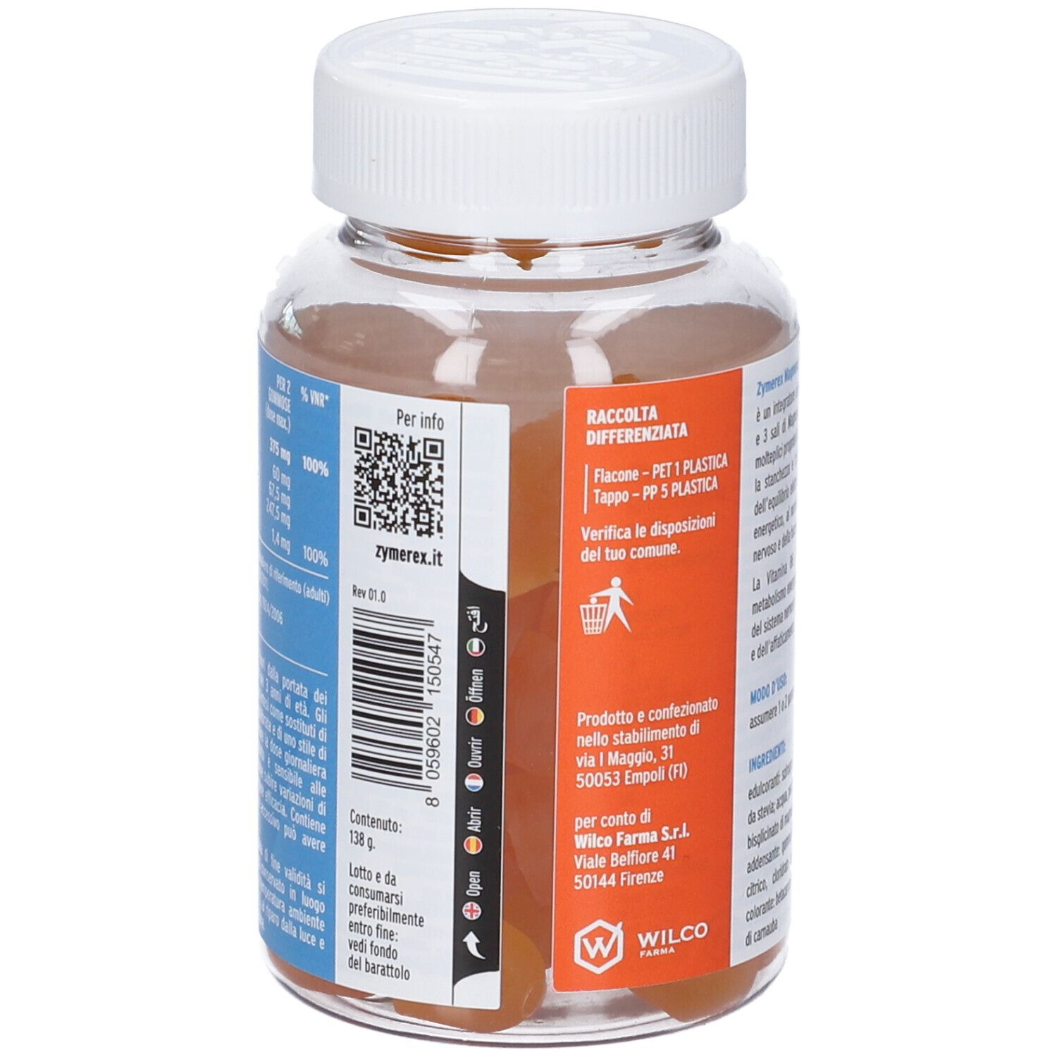 Retro del flacone Zymerex Magnesio e Vit B6. Codice QR, informazioni sullo smaltimento e indirizzo del produttore.