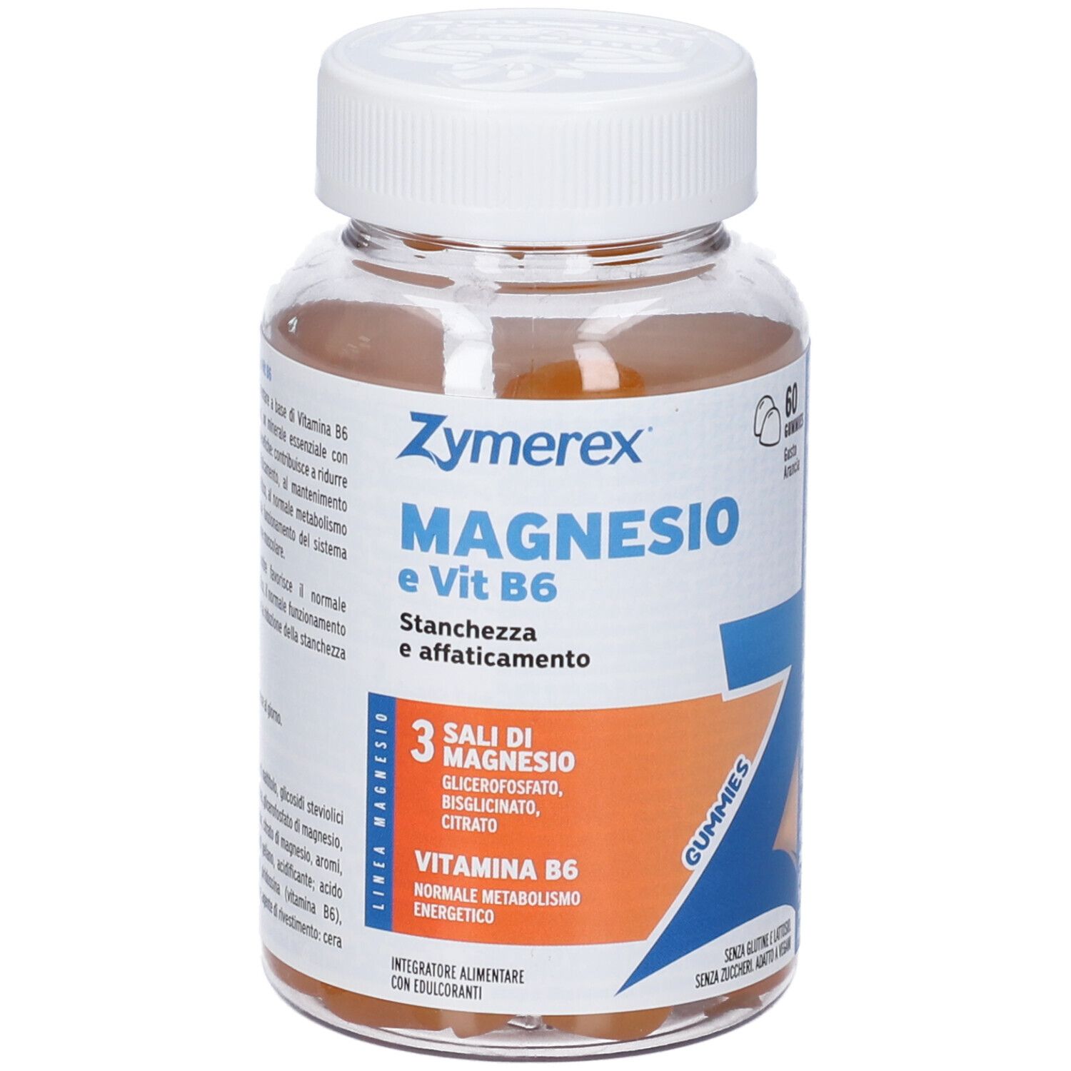 Flacone Zymerex Magnesio e Vit B6. Scritta: Magnesio e Vit B6, 3 Sali di Magnesio, 60 Gummies.
