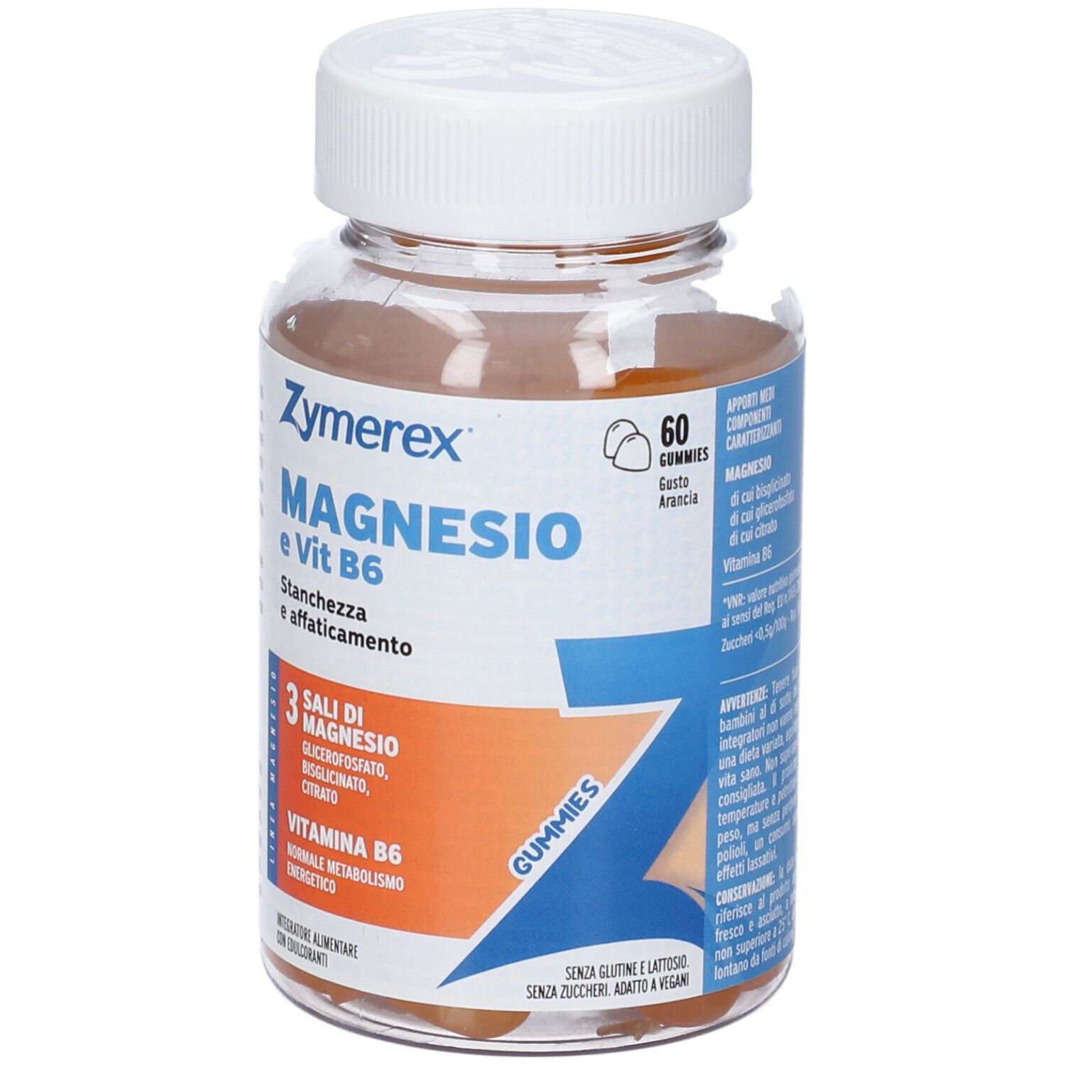 Flacone Zymerex Magnesio e Vit B6. Scritta: Magnesio e Vit B6, 60 Gummies, Gusto: Arancia.