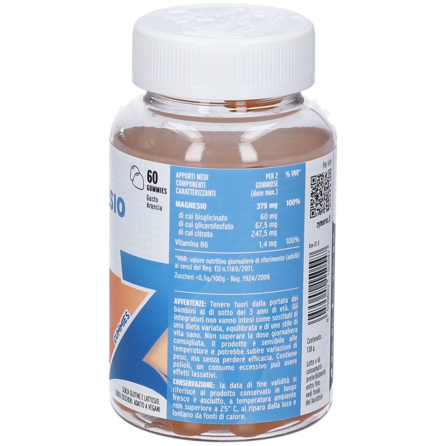 Retro del flacone Zymerex Magnesio e Vit B6. Informazioni nutrizionali, ingredienti, avvertenze e informazioni del produttore.