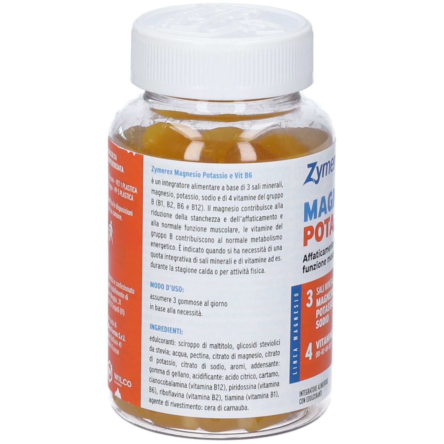 Retro del flacone. Testo sugli ingredienti e l'uso. Il flacone contiene caramelle gommose gialle.