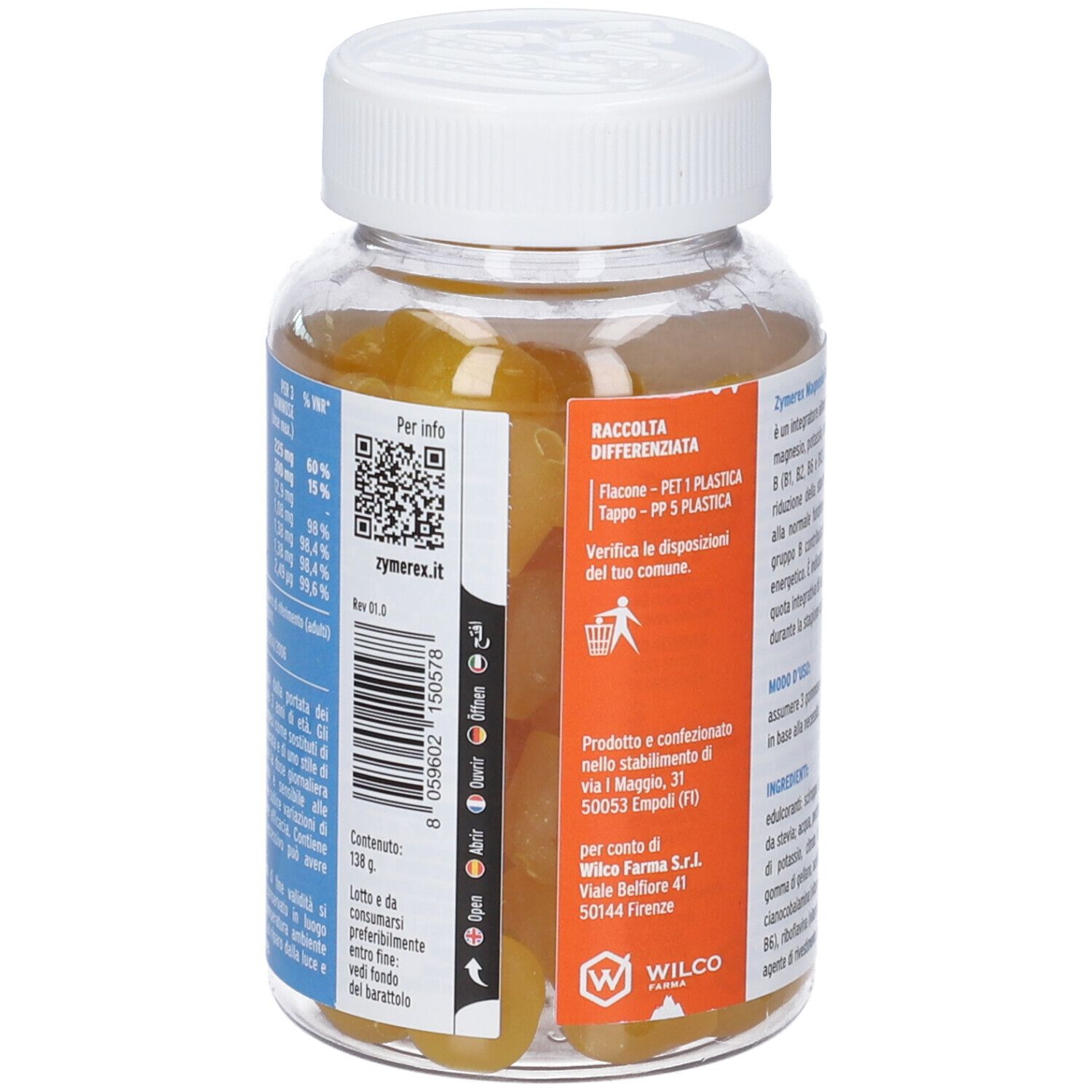 Vista posteriore del flacone. Codice QR e informazioni sullo smaltimento. Flacone con caramelle gommose gialle.