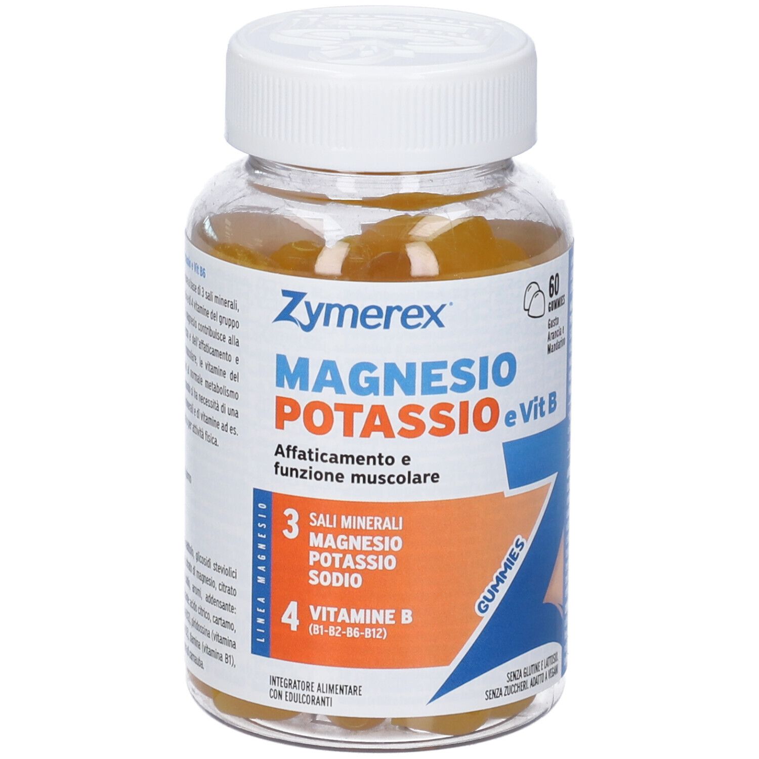Flacone trasparente con tappo bianco. Scritta: Zymerex Magnesio Potassio e Vit B Gummies. 60 caramelle gommose.