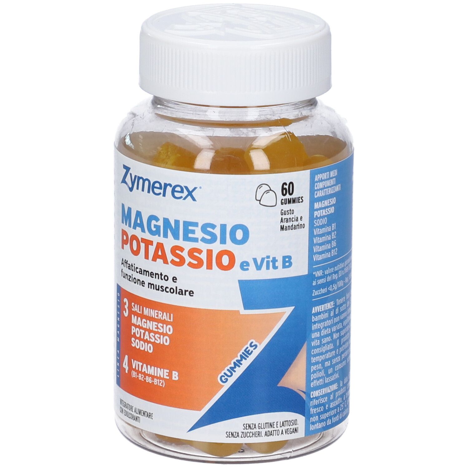 Flacone trasparente con tappo bianco. Scritta: Zymerex Magnesio Potassio e Vit B Gummies. 60 caramelle gommose.