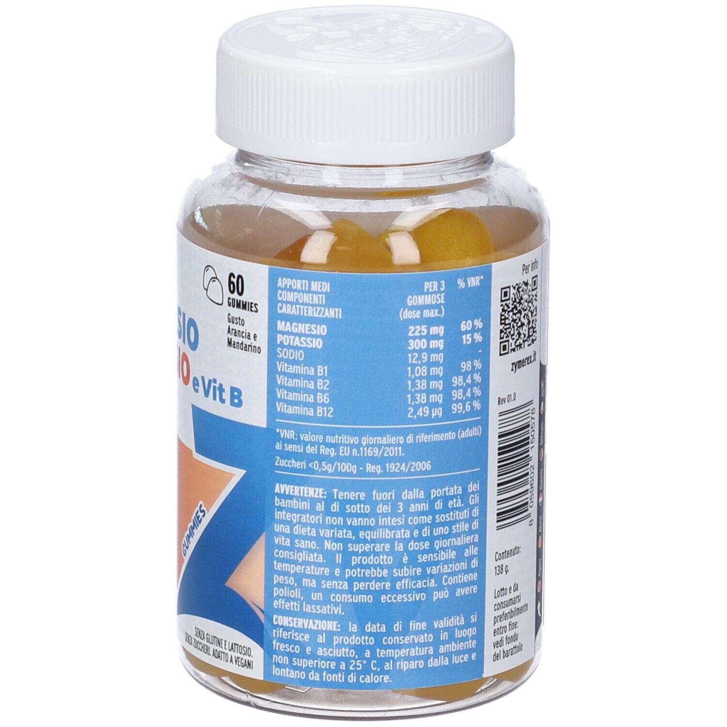 Retro del flacone. Informazioni nutrizionali e avvertenze. Flacone con caramelle gommose gialle.