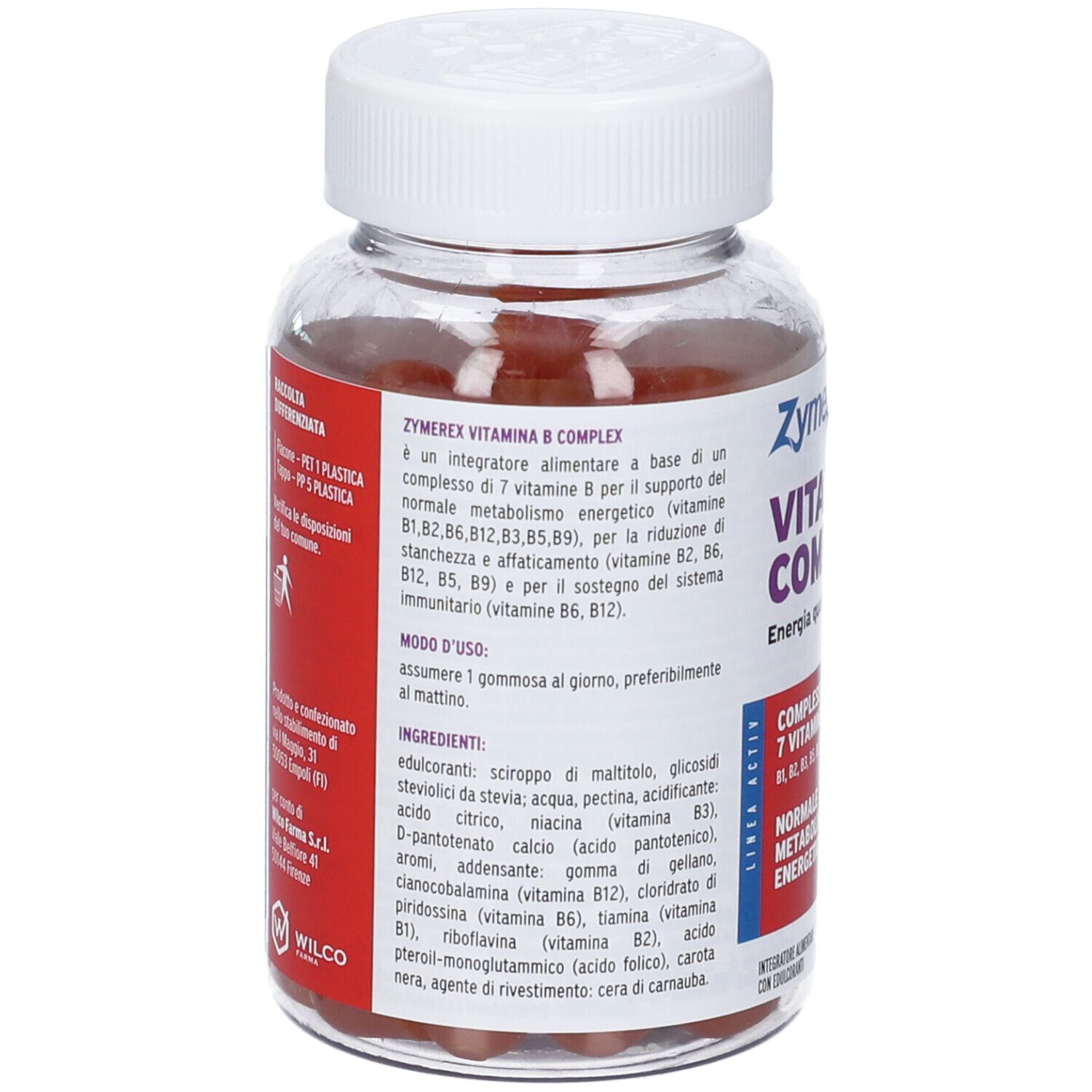 Retro del flacone Zymerex Vitamine B Complex. Informazioni su ingredienti e uso.