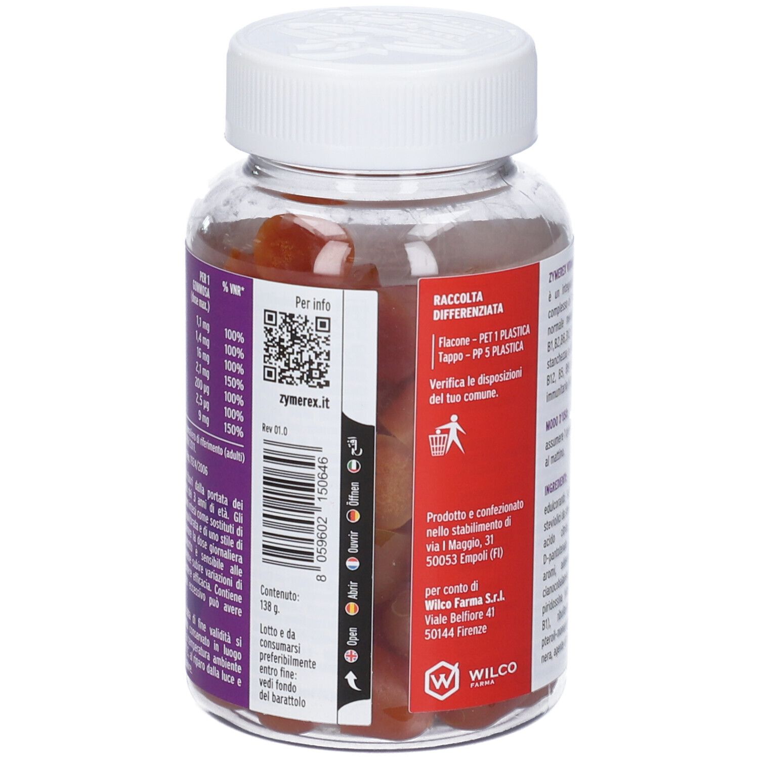 Retro del flacone Zymerex Vitamine B Complex. Informazioni sullo smaltimento e produttore.