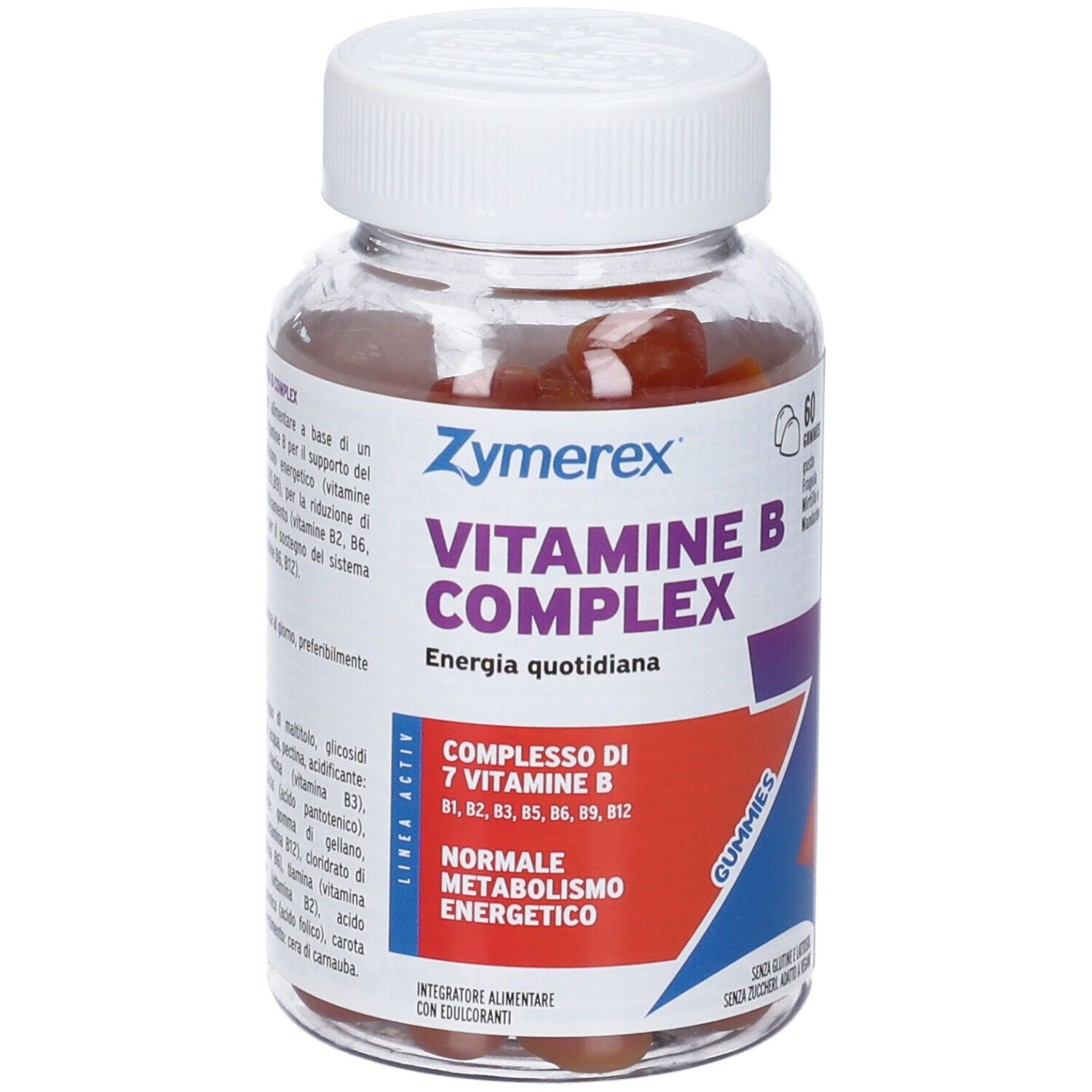 Flacone Zymerex Vitamine B Complex. Scritta: Energia quotidiana. Contiene 7 vitamine B.
