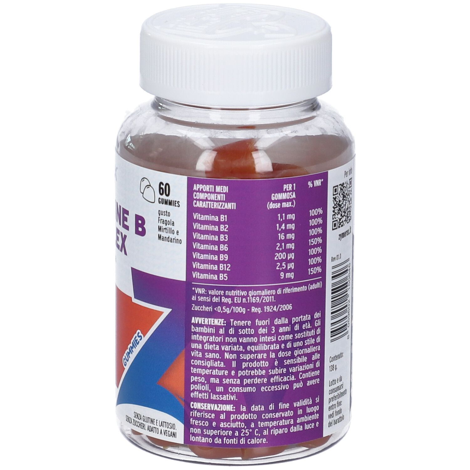 Retro del flacone Zymerex Vitamine B Complex. Informazioni nutrizionali e avvertenze.