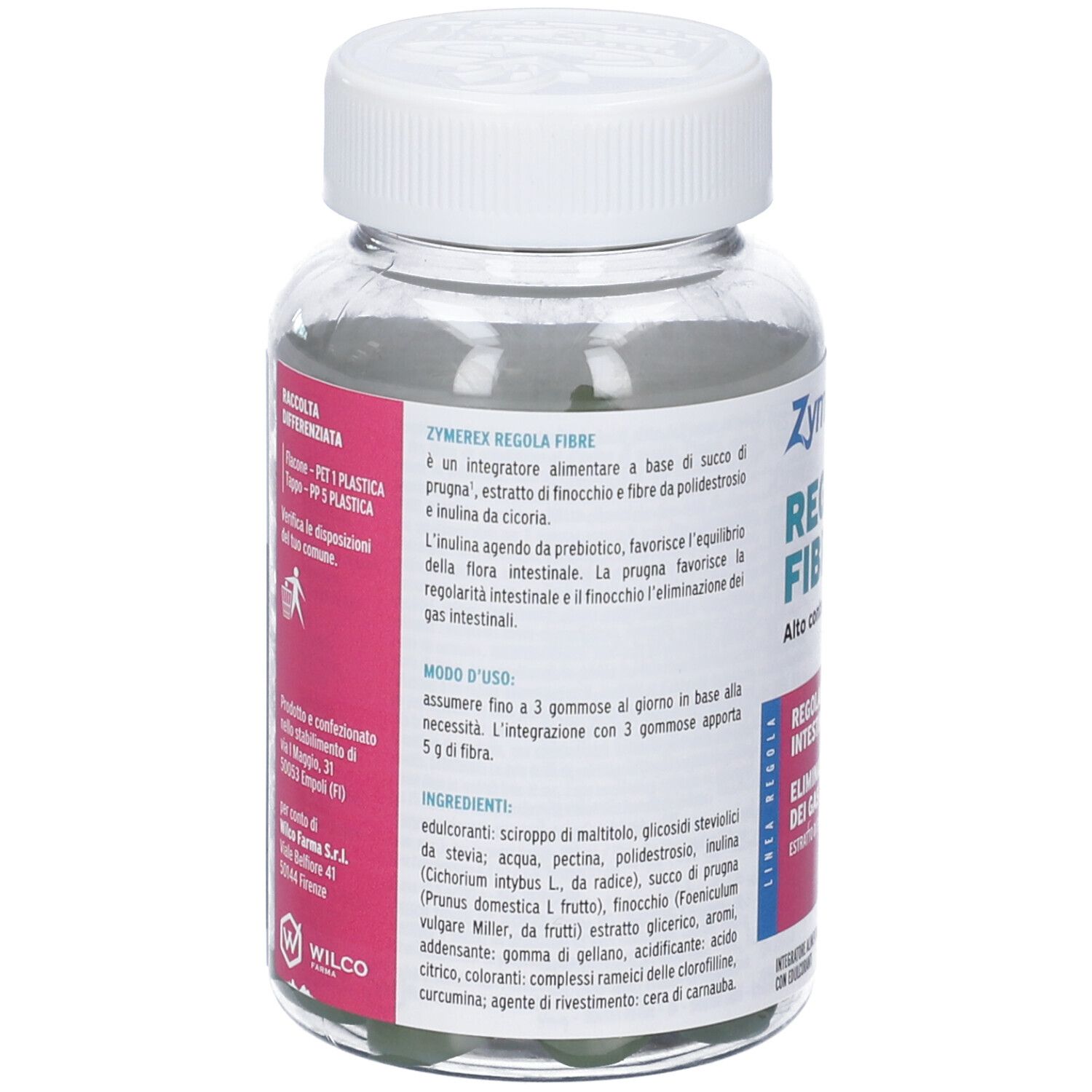 Retro del flacone di vetro. Testo sugli ingredienti e l'uso. Gommose verdi visibili all'interno.