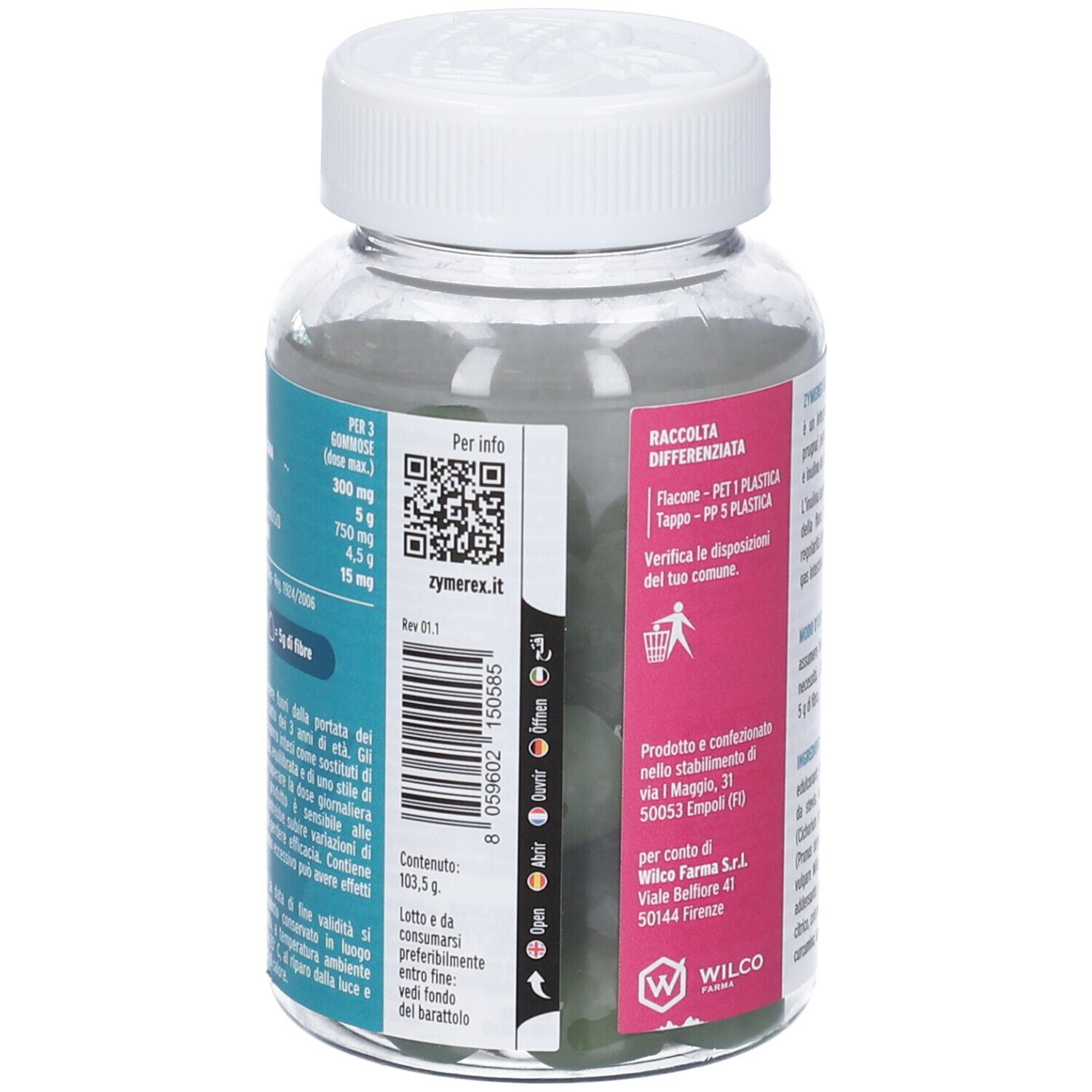 Retro del flacone di vetro. Testo con informazioni, codice QR e simbolo di riciclaggio. Gommose verdi visibili.