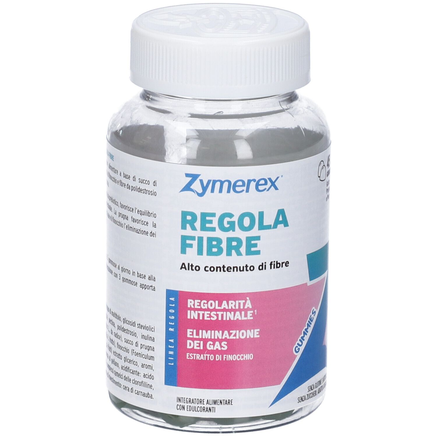 Flacone di vetro trasparente con tappo bianco. Scritta Zymerex Regola Fibre, alto contenuto di fibre. Etichette rosa e blu.
