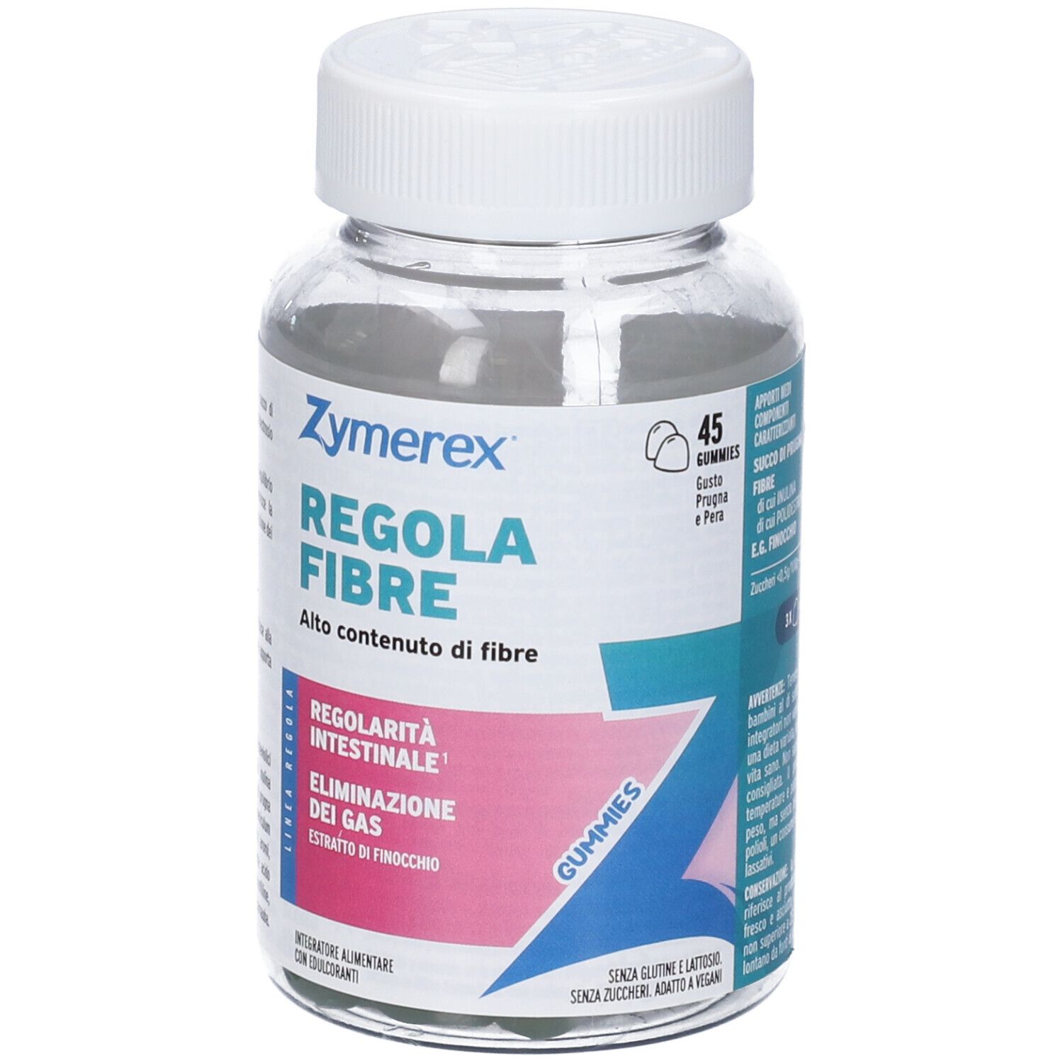 Flacone di vetro trasparente con tappo bianco. Scritta Zymerex Regola Fibre, alto contenuto di fibre. Etichette rosa e blu.