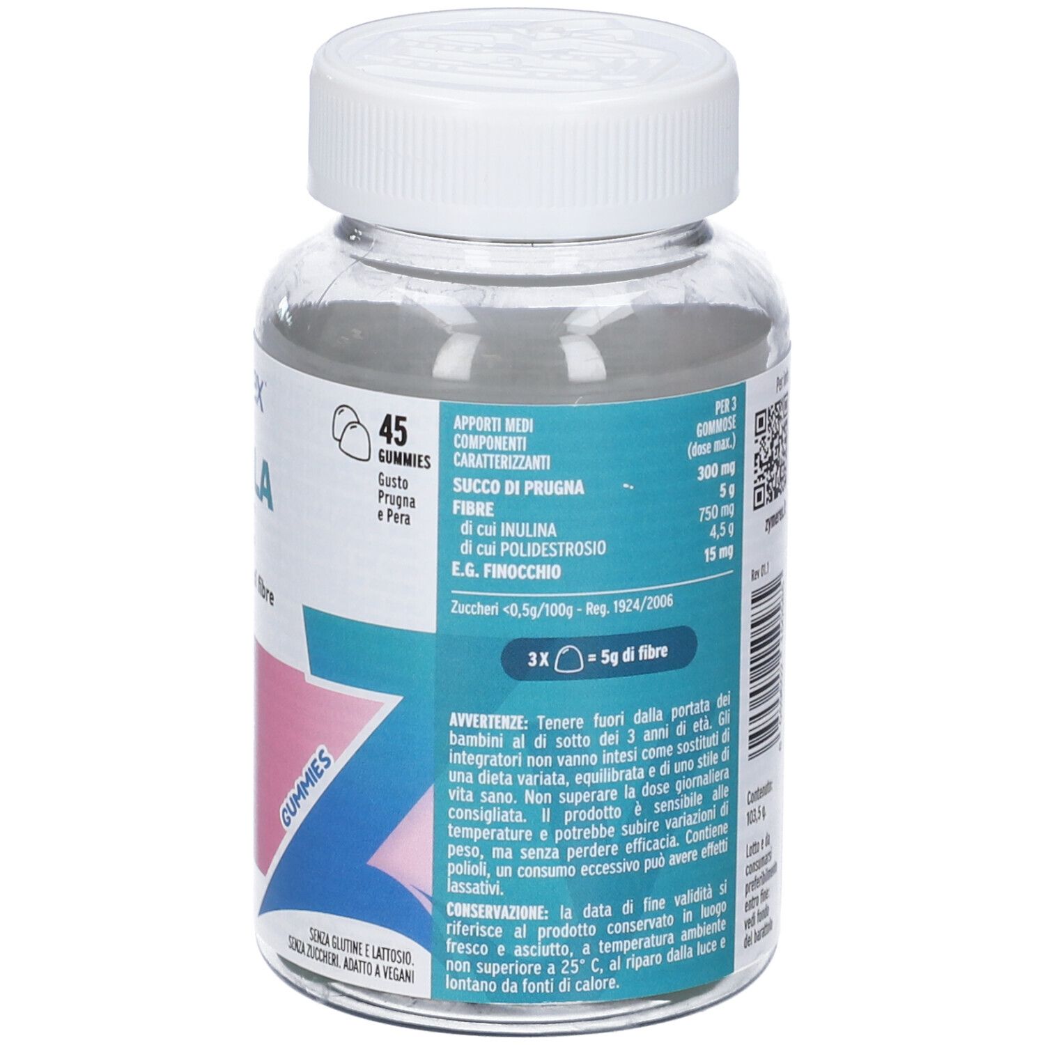 Retro del flacone di vetro. Testo con informazioni nutrizionali e avvertenze. Gommose verdi visibili.