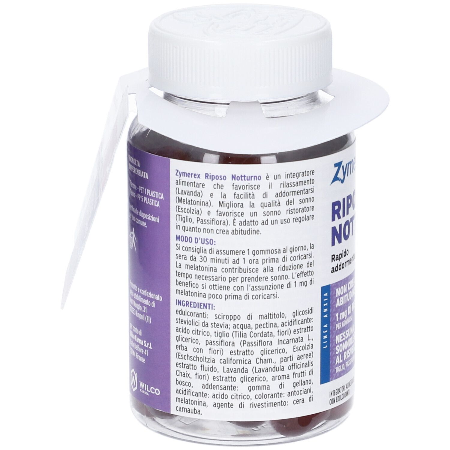 Retro del flacone. Testo: Zymerex Riposo Notturno. Ingredienti: lavanda, melissa, passiflora. Modo d'uso. Senza zucchero e glutine.