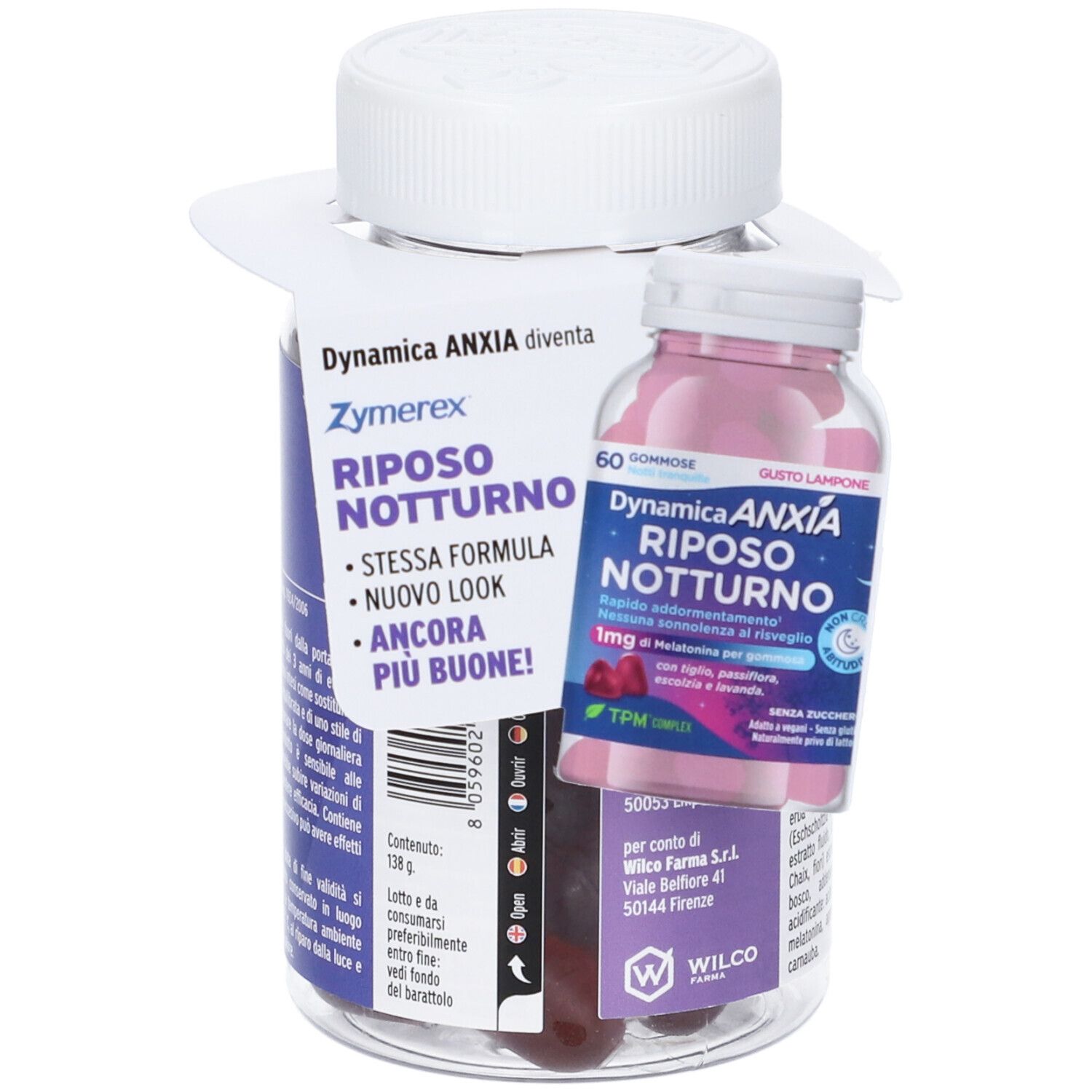 Flacone Zymerex Riposo Notturno con etichetta Dynamica Ansia. 60 caramelle gommose. Contiene melatonina. Senza zucchero e glutine.