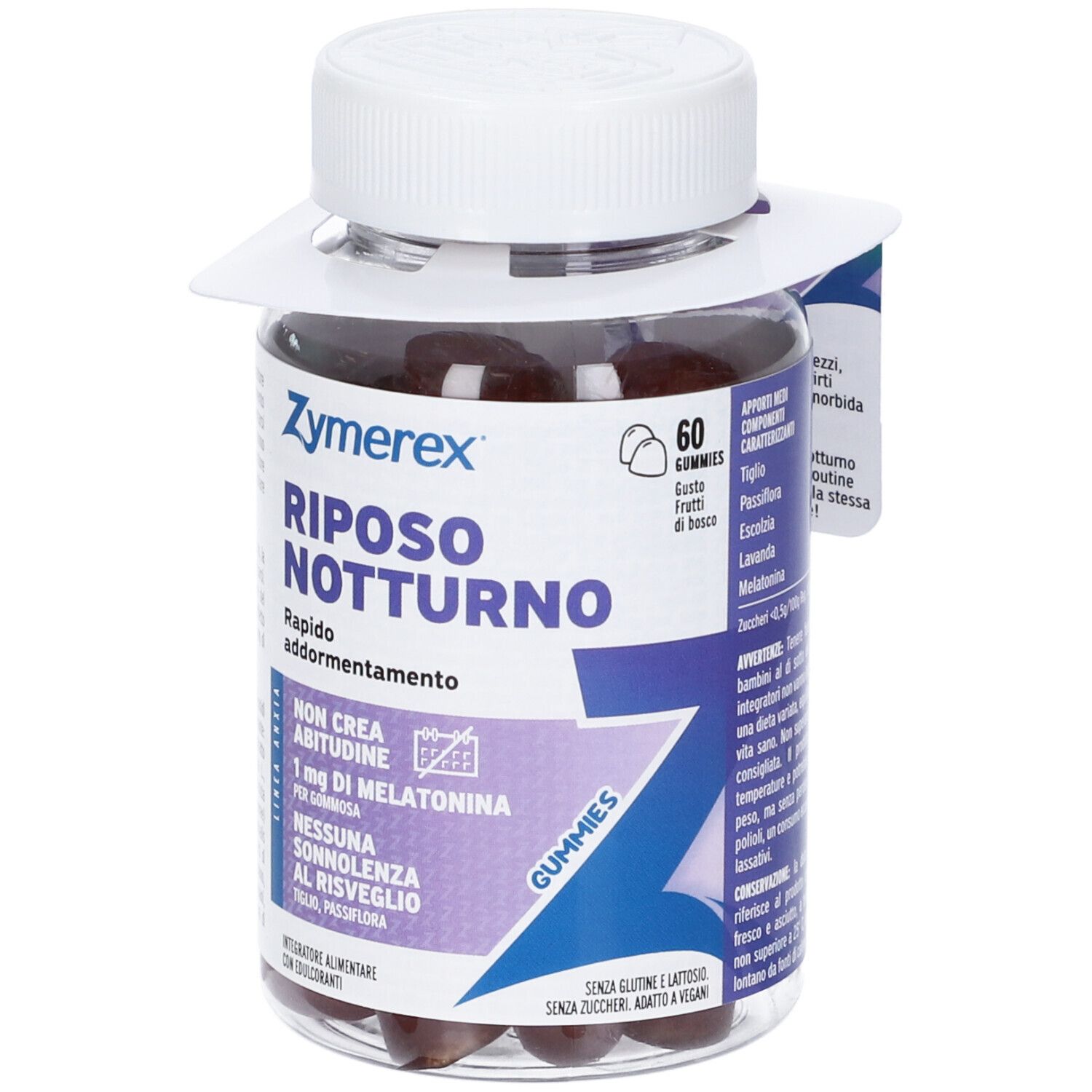 Flacone trasparente con tappo bianco. Scritta: Zymerex Riposo Notturno, 60 caramelle gommose. Contiene melatonina. Senza zucchero e glutine.