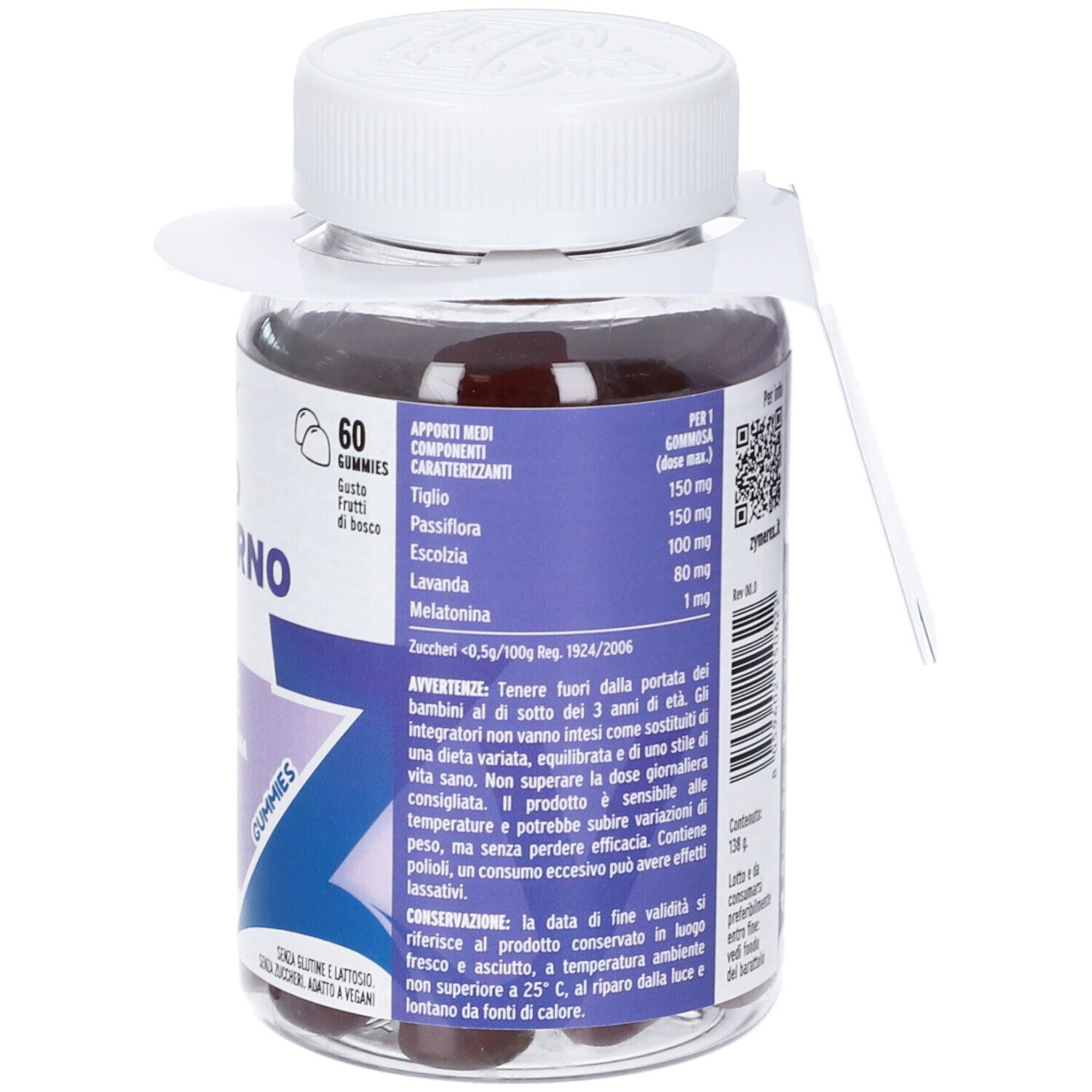 Retro del flacone. Testo: Zymerex Riposo Notturno. Ingredienti: melatonina, passiflora, lavanda. 60 caramelle gommose. Senza zucchero e glutine.