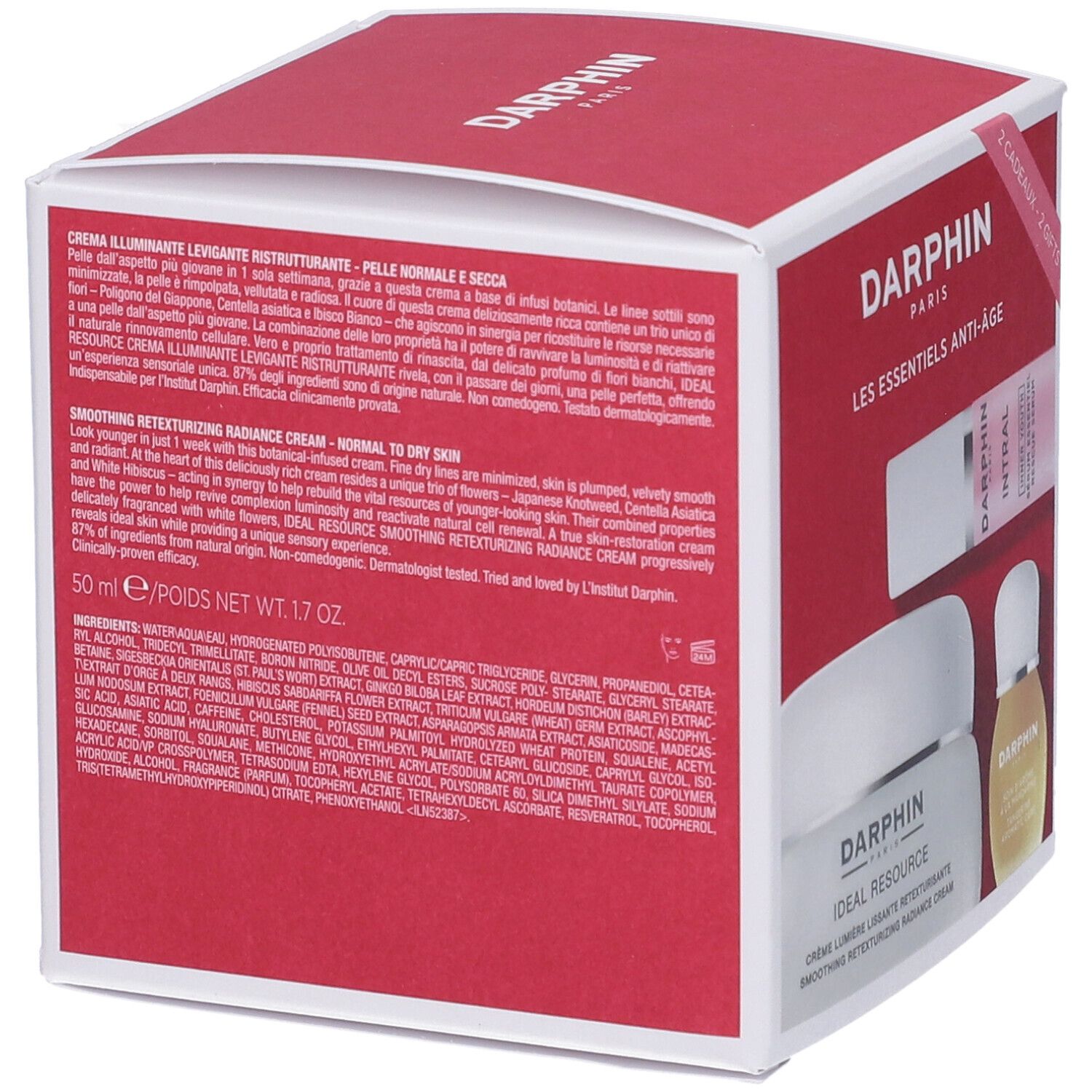 Scatola rossa Darphin con informazioni sul prodotto. Testo sulla crema per pelli da normali a secche. Certificazione FSC.