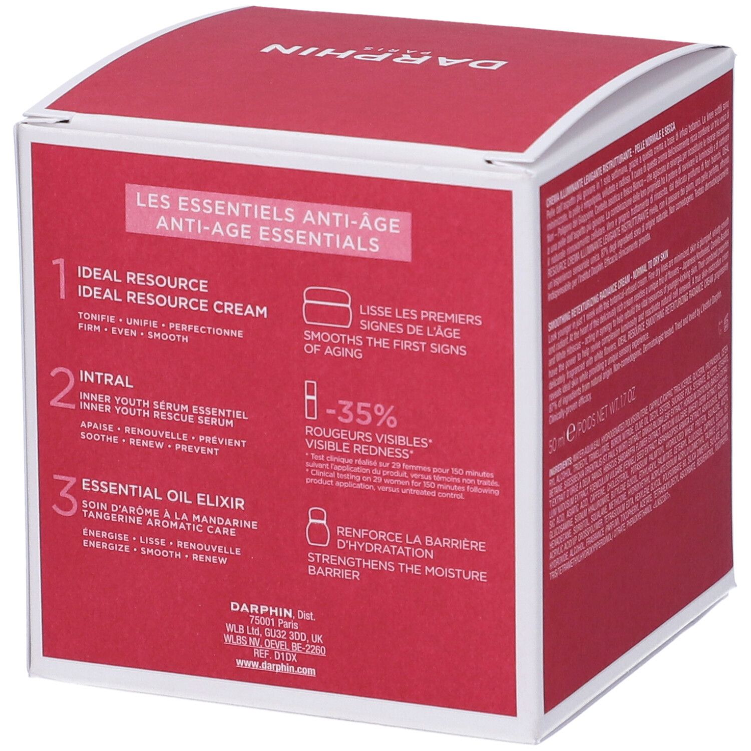 Scatola rossa Darphin con informazioni sul prodotto. Testo su crema, siero e olio. Contiene informazioni sugli ingredienti.