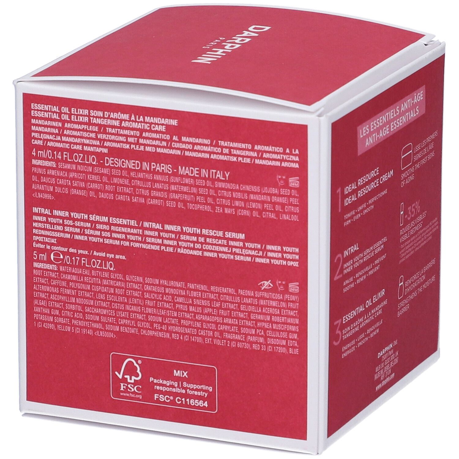 Scatola rossa Darphin con informazioni sul prodotto. Testo su crema, siero e olio. Certificazione FSC.