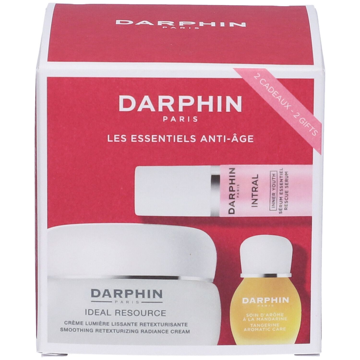 Confezione regalo Darphin con crema, siero e olio. Scatola rossa e bianca con logo e nome del prodotto. Contiene 2 cadeaux.