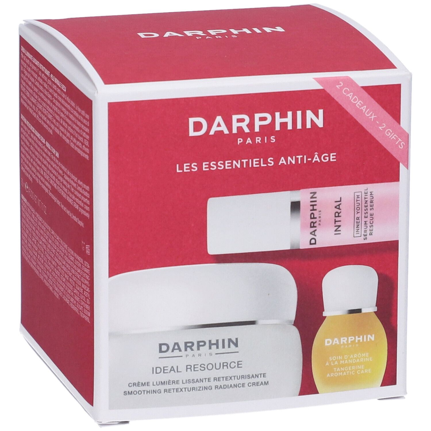 Confezione regalo Darphin con crema, siero e olio. Scatola rossa e bianca con logo e nome del prodotto. Contiene 2 cadeaux.