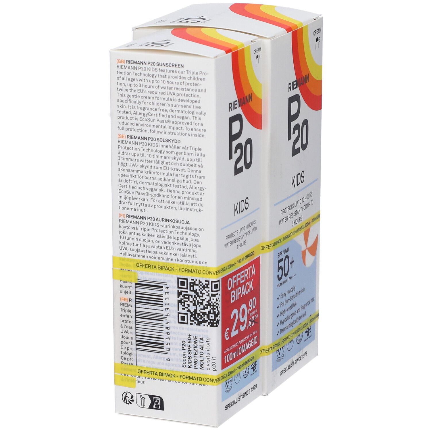 Due confezioni di crema solare P20 KIDS SPF50+. Retro con testo e codice a barre. Offerta: 200ml + 100ml omaggio. Dermatologicamente testato.